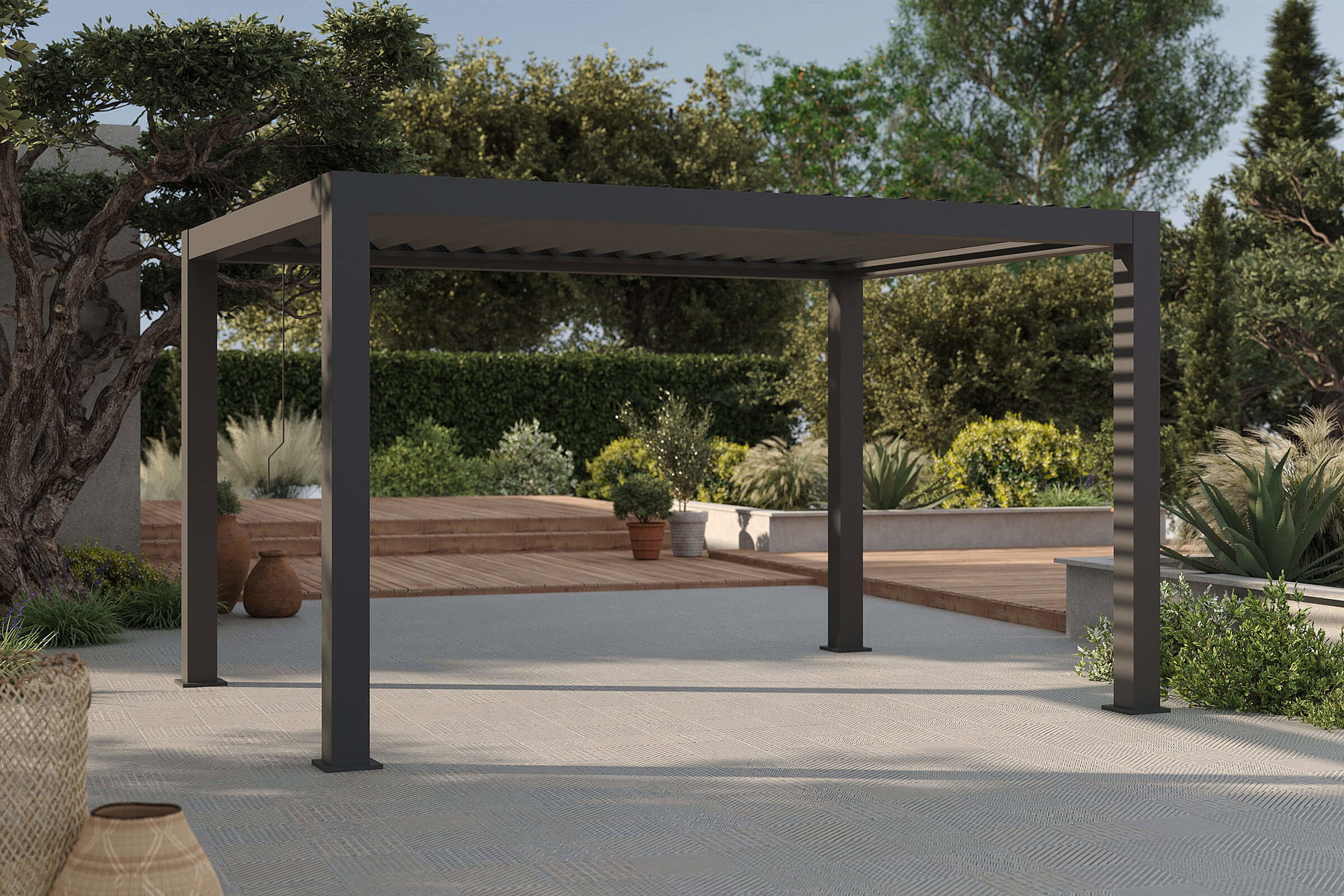 OUTFLEXX Antalya Lamellenpergola, schwarz, Alu, 4 x 4 m, pulverbeschichtet, wetterfest, verstellbare Lamellen