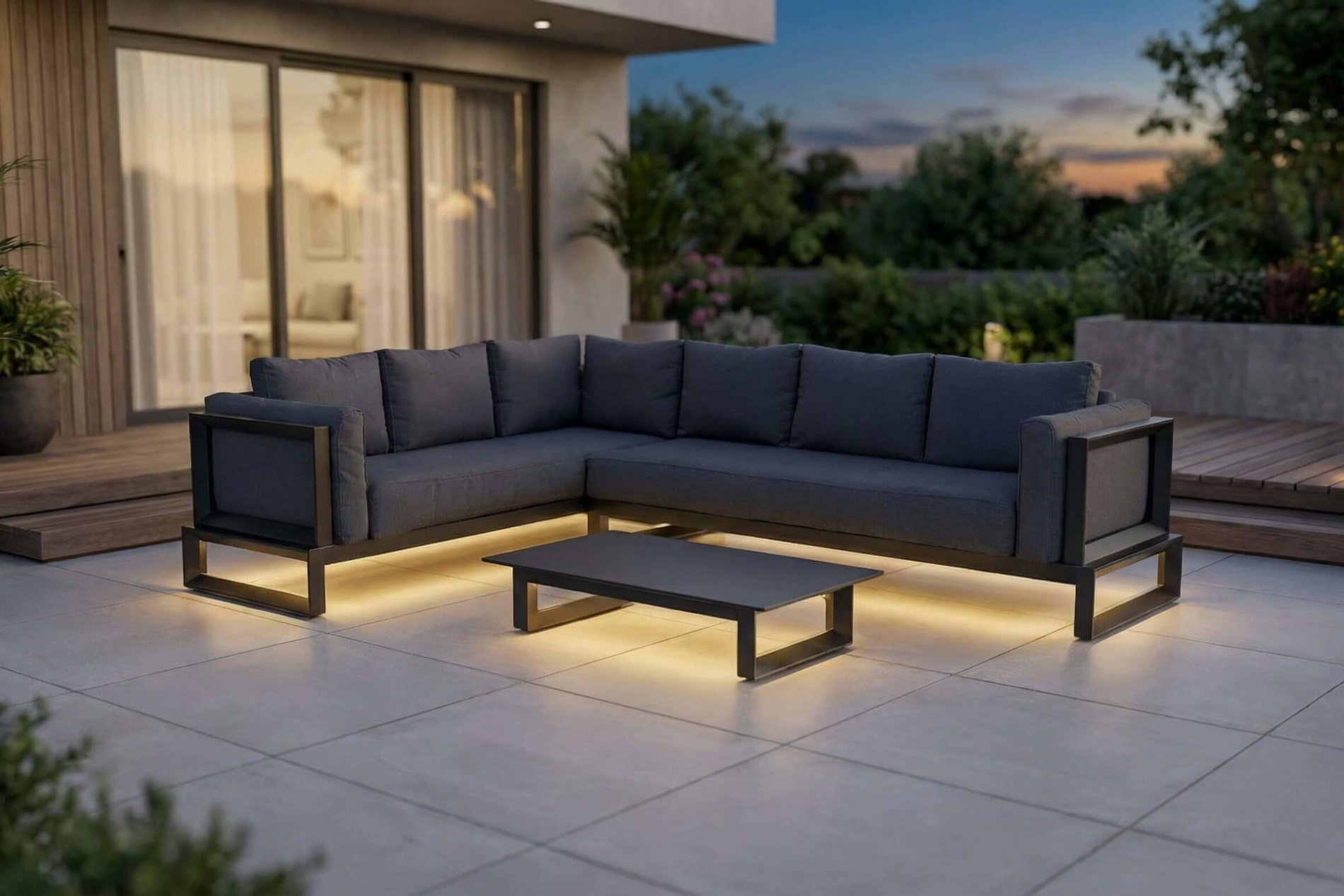 OUTFLEXX Luminara LED-Gartenlounge für 5-6 Personen, anthrazit/dunkelgrau, Alu/Polyester, pulverbeschichtet, beleuchtet