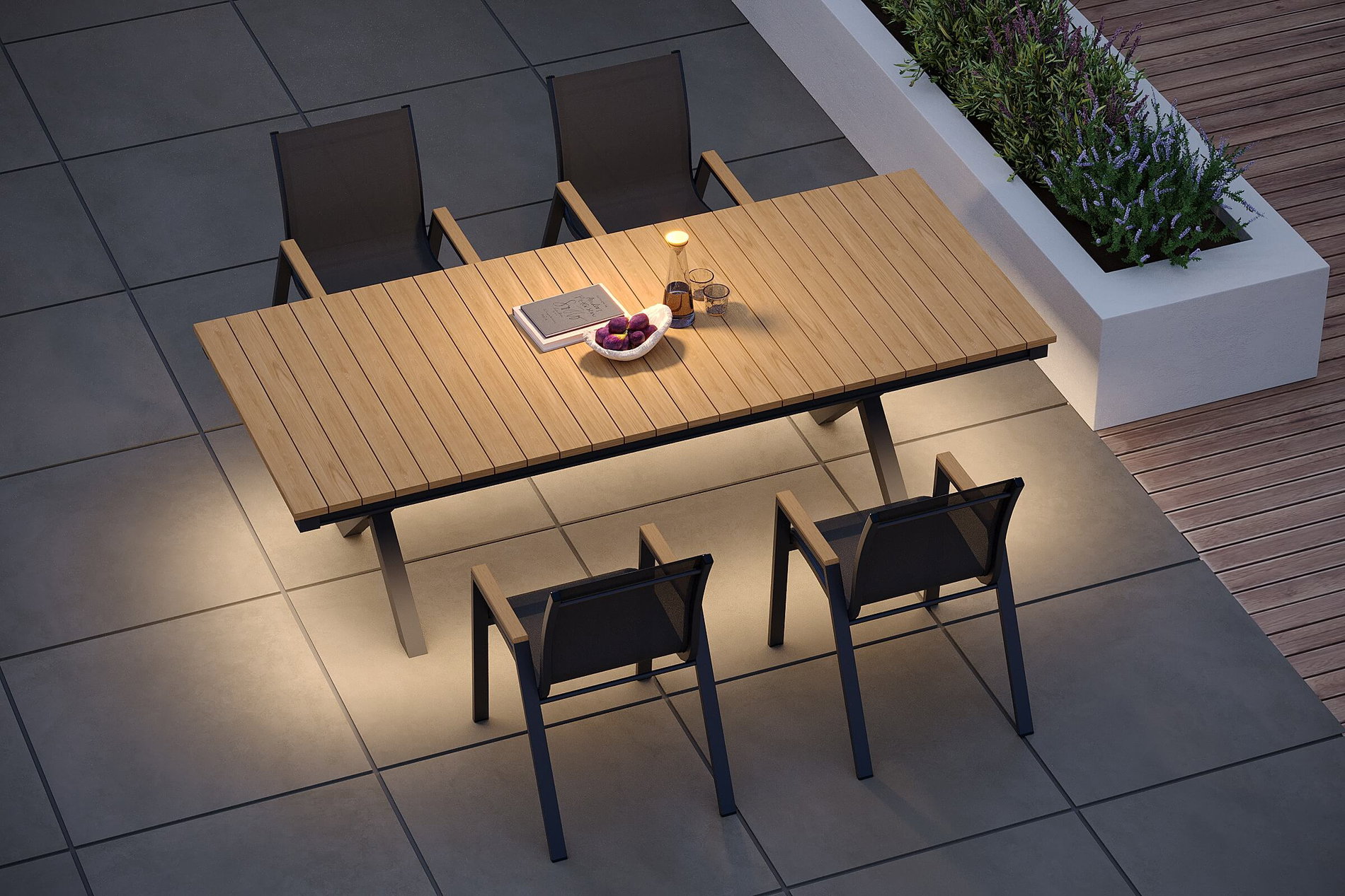 OUTFLEXX Luminara Garten-Essgruppe mit LED-Beleuchtung, anthrazit matt/natur, Aluminium/Holzimitat/Textilene, Tisch 240 x 100 cm, 4 stapelbare Sessel