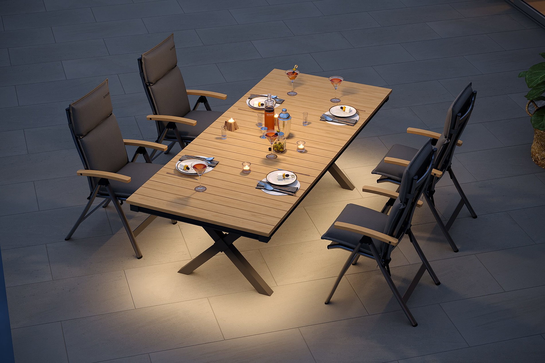 OUTFLEXX Luminara Garten-Essgruppe mit LED-Beleuchtung, anthrazit matt/natur, Aluminium/Textilen/Holzimitat, 240 x 100 cm, 4 Klappstühle, inkl. Auflagen