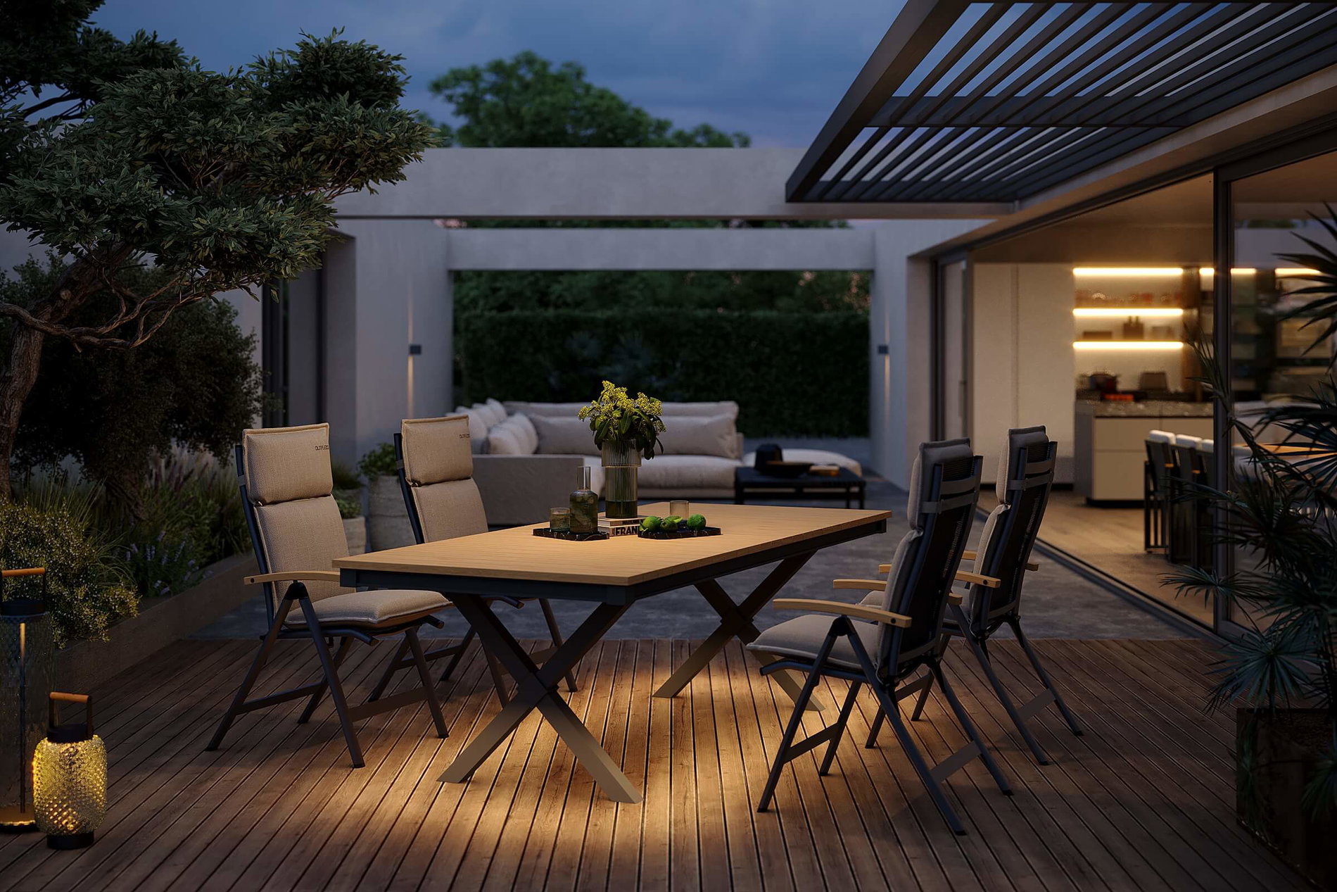 OUTFLEXX Luminara Garten-Essgruppe, anthrazit matt/natur, Alu / Textilen / Holzimitat, 240 x 100 cm, 4 Klappstühle, LED-Beleuchtung, Auflagen inklusive