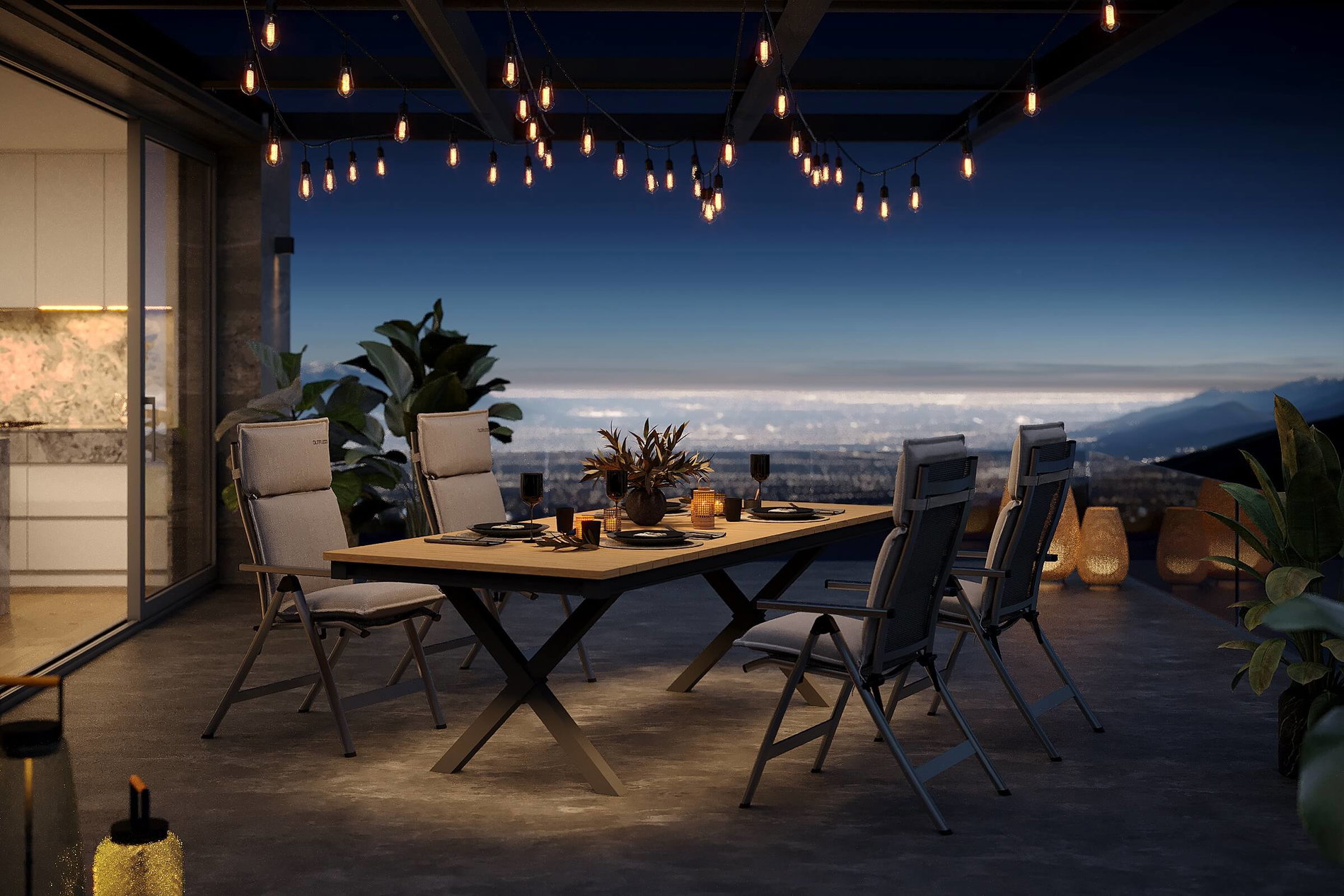 OUTFLEXX Luminara Garten-Essgruppe, anthrazit matt/natur, Alu / Holzimitat / Textilen, 240 x 100 cm, 4 Klappstühle, Auflagen in Nature, LED-Beleuchtung
