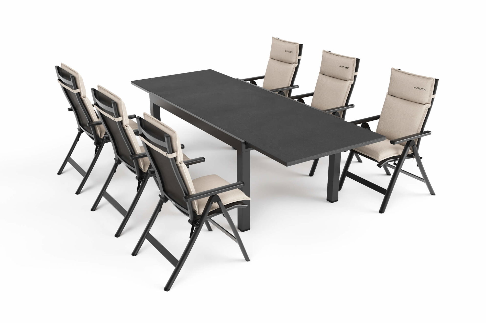 OUTFLEXX Premium Garten-Essgruppe, anthrazit matt/schwarz/natur, Alu/Spraystone/Textilene, 160/260 x 100 cm, 6 Klappstühle inkl. 6 Auflagen