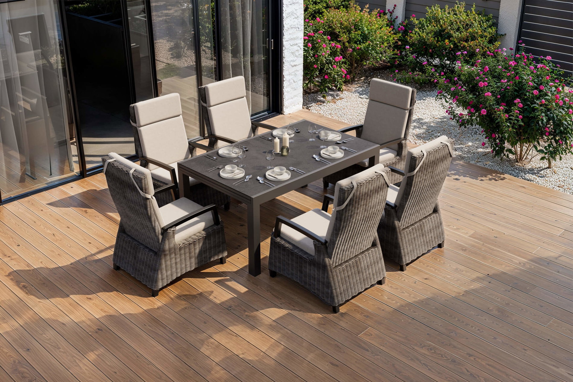 SIENA GARDEN Premium Garten-Essgruppe, anthrazit matt/grau, Aluminium und Polyrattan, Tisch 160/260 x 100 cm, 6 Dining-Sessel