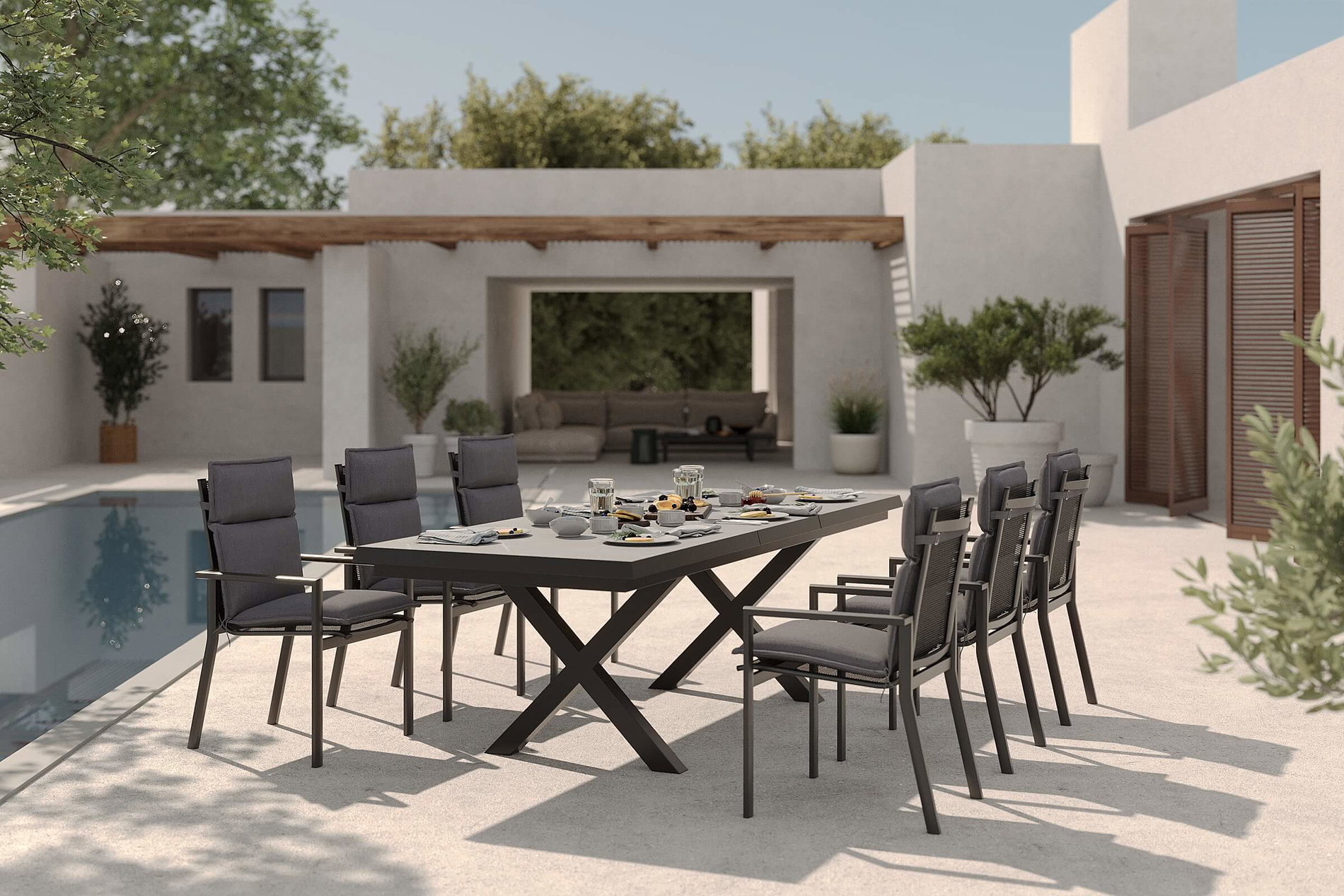 OUTFLEXX Serro Garten-Essgruppe, anthrazit matt/schwarz/grau, Alu/Steinimitat/Textilene/Polyester, Tisch 200/260 x 100 cm, 6 Stapelsessel inkl. 6 Auflagen