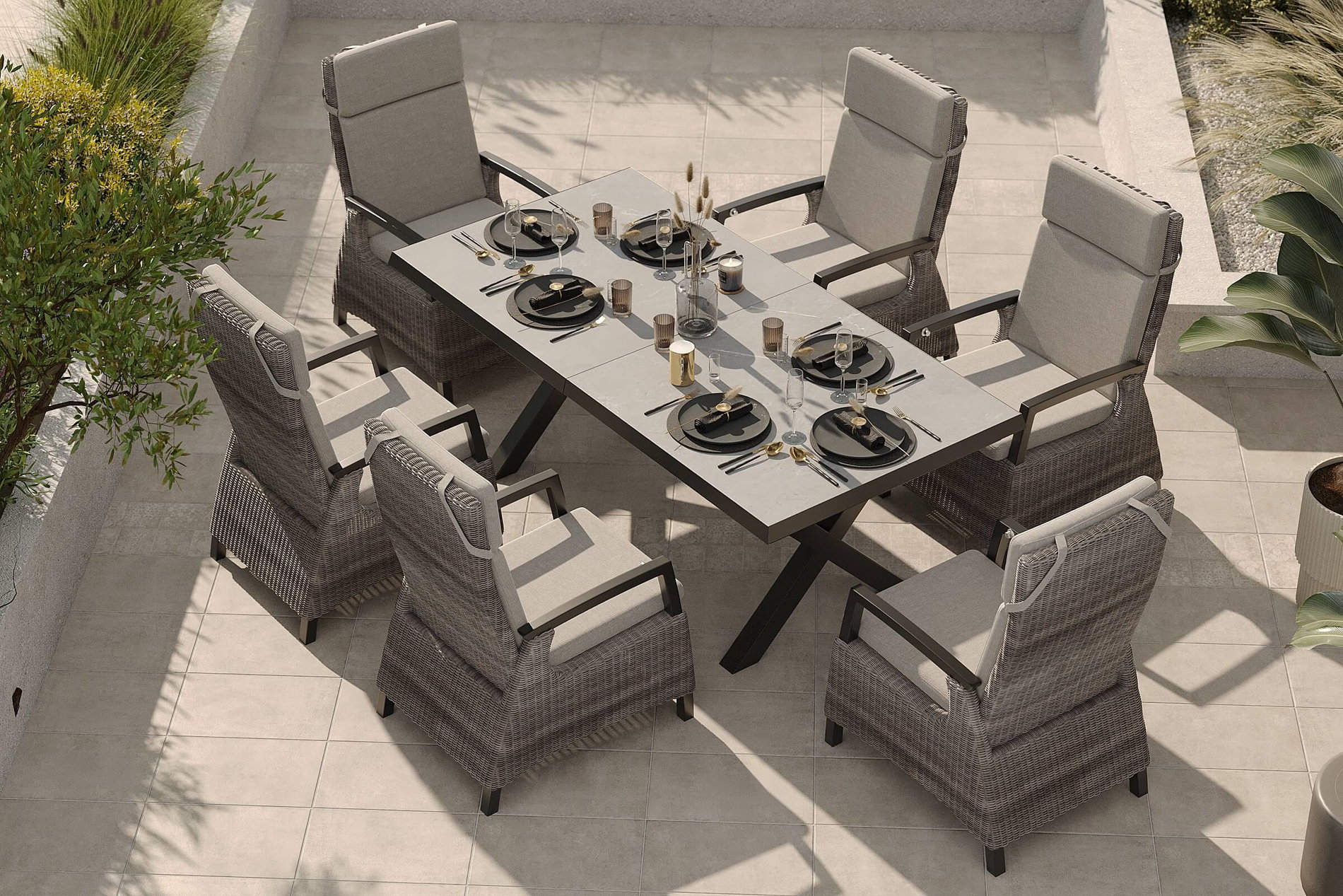 SIENA GARDEN Garten-Essgruppe, schwarz/grau, Alu/Polyrattan, Tischplatte ausziehbar 200/260 x 100 cm, inkl. 6 Diningsessel