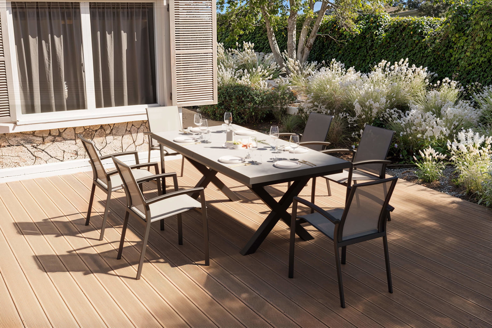 SIENA GARDEN Garten-Essgruppe, schwarz/anthrazit, Aluminium/Polyrattan/Steinimitat, 200/260 x 100 cm, ausziehbar, 6 Diningsessel
