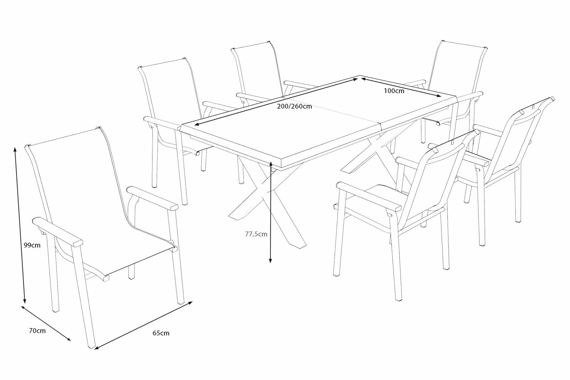 KETTLER BasicPlus Pro Garten-Essgruppe, anthrazit/schwarz, Alu/Textilene/Steinimitat, 200/260 x 100 cm, 6 Stapelstühle