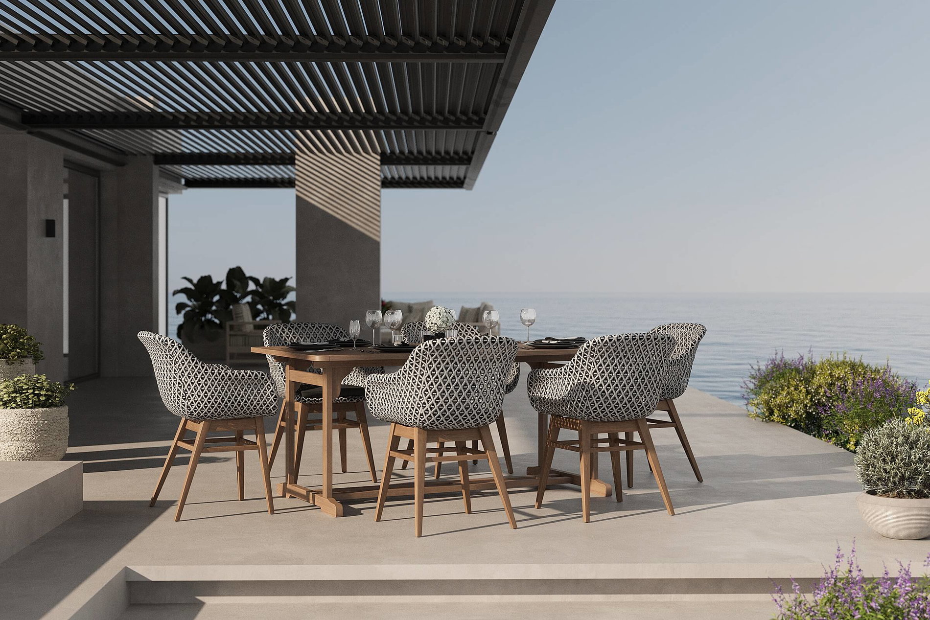 OUTFLEXX Bali Garten-Essgruppe mit 6 Dining Sesseln, schwarz/weiß/natur, Akazie/Polyrattan, 150/200 x 90 cm, FSC®-zertifiziertes Produkt