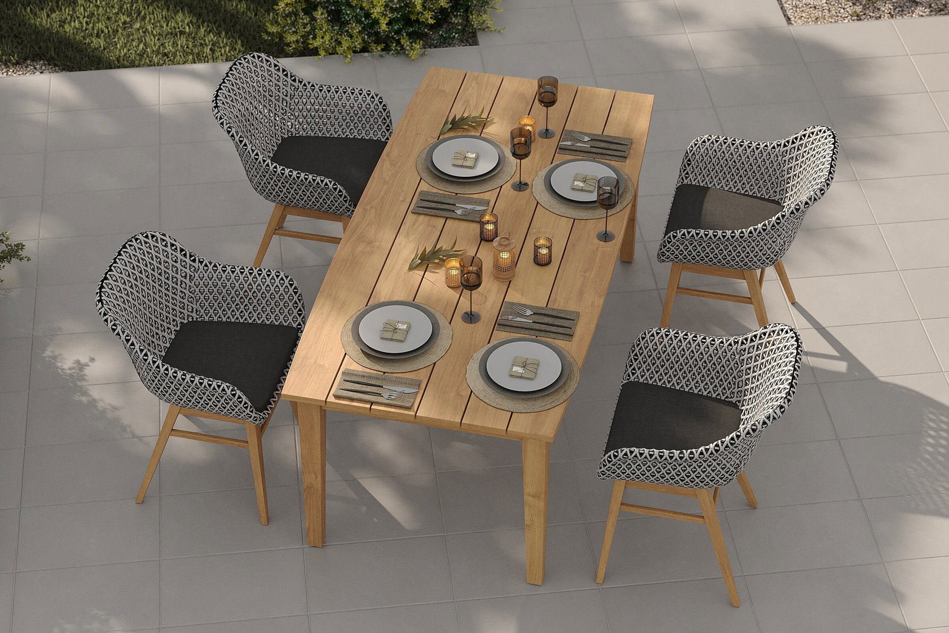 OUTFLEXX Bali Garten-Essgruppe mit 4 Dining Sesseln, schwarz/weiß/natur, Akazie/Polyrattan, Tisch 180 x 90 cm, FSC®-zertifiziert