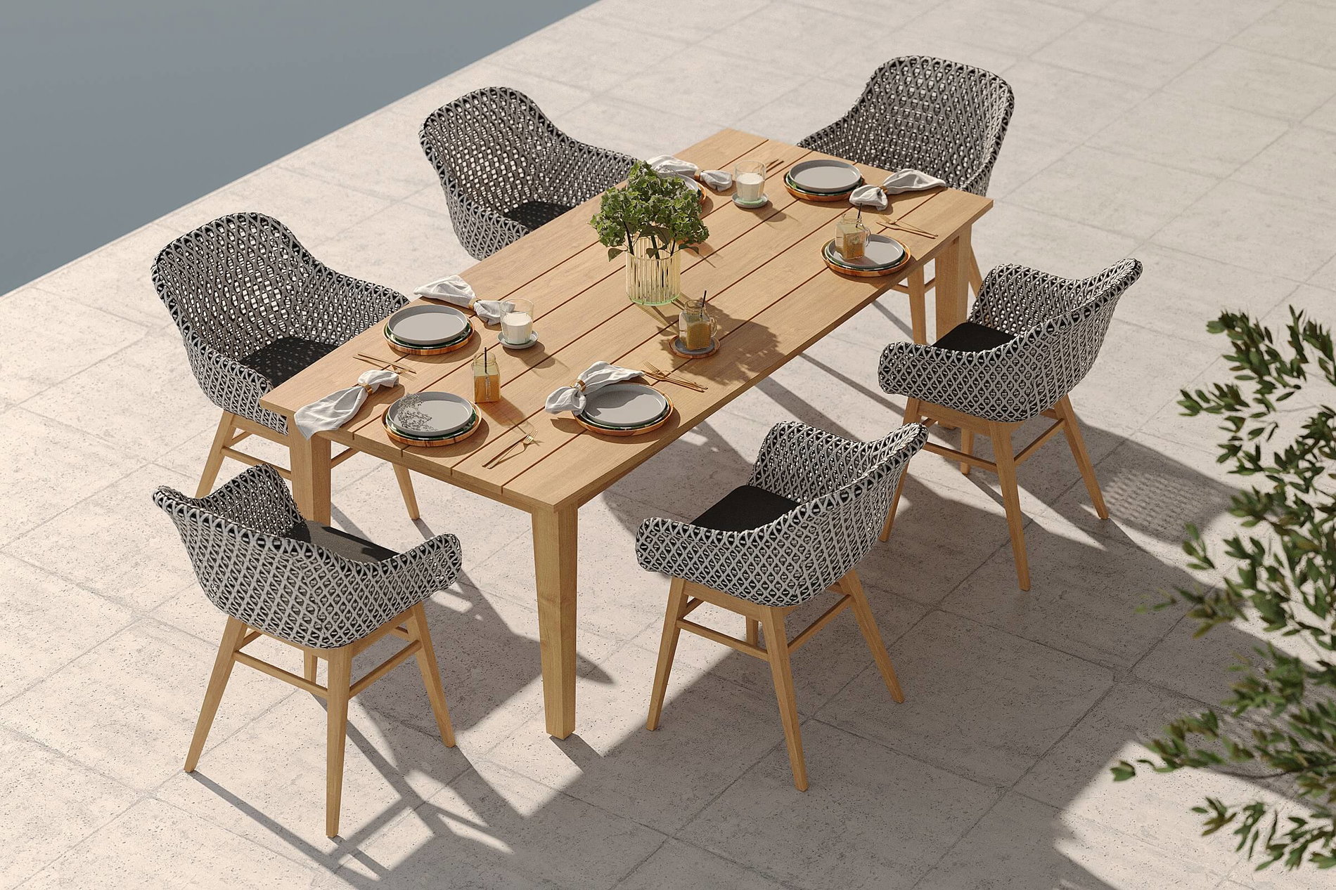 OUTFLEXX Bali Garten-Essgruppe mit 6 Dining Sesseln, schwarz/weiß/natur, Akazie/Polyrattan/Stahl, Tisch 220 x 100 cm, FSC®-zertifiziertes Produkt