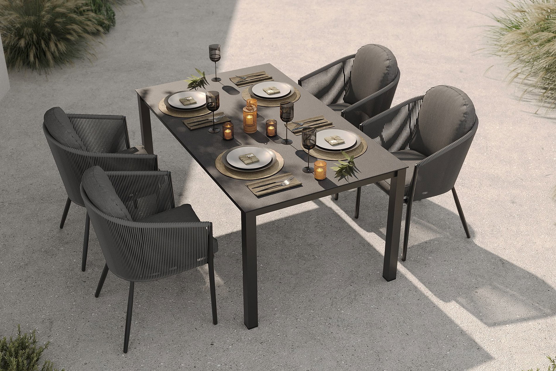 OUTFLEXX Tavio Garten-Essgruppe, anthrazit matt/dunkelgrau, Alu/Rope-Geflecht/Spraystone, 160 x 95 cm, 4 Diningsessel OUTFLEXX Tavio Garten-Essgruppe, anthrazit matt/dunkelgrau, Alu/Rope-Geflecht/Spraystone, 160 x 95 cm, 4 Diningsessel
