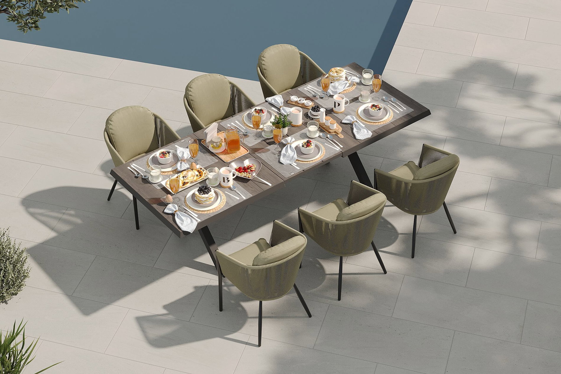 SIENA GARDEN Garten-Essgruppe, anthrazit/grün, Alu/Keramik/Rope-Geflecht, ausziehbarer Tisch 200/260 x 100 cm, 6 Diningsessel