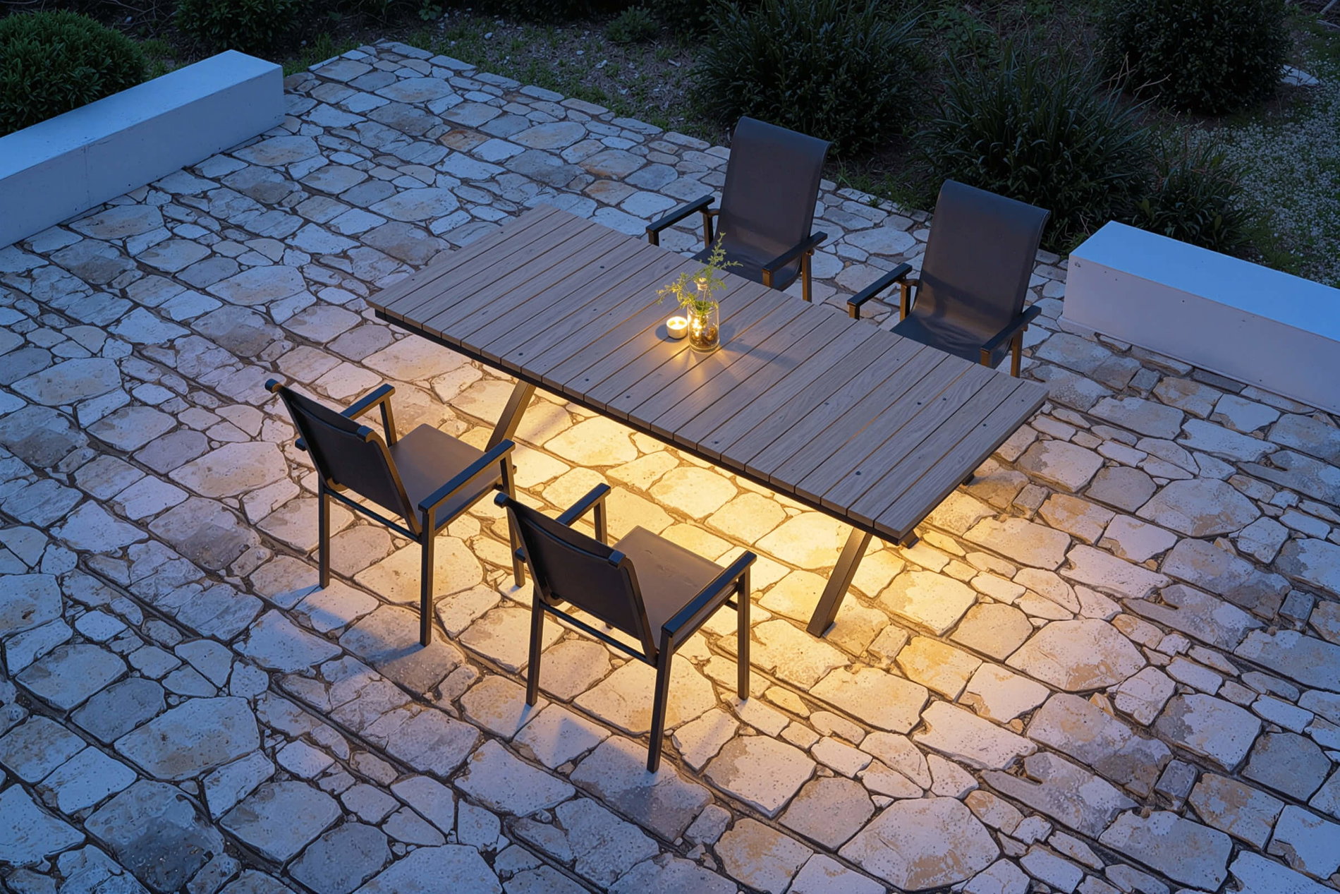 KETTLER Exklusivmodell BasicPlus 2026, Garten-Essgruppe mit LED-Beleuchtung, anthrazit/natur, Alu/Holzimitat, 240 x 100 cm, 4 Stapelstühle