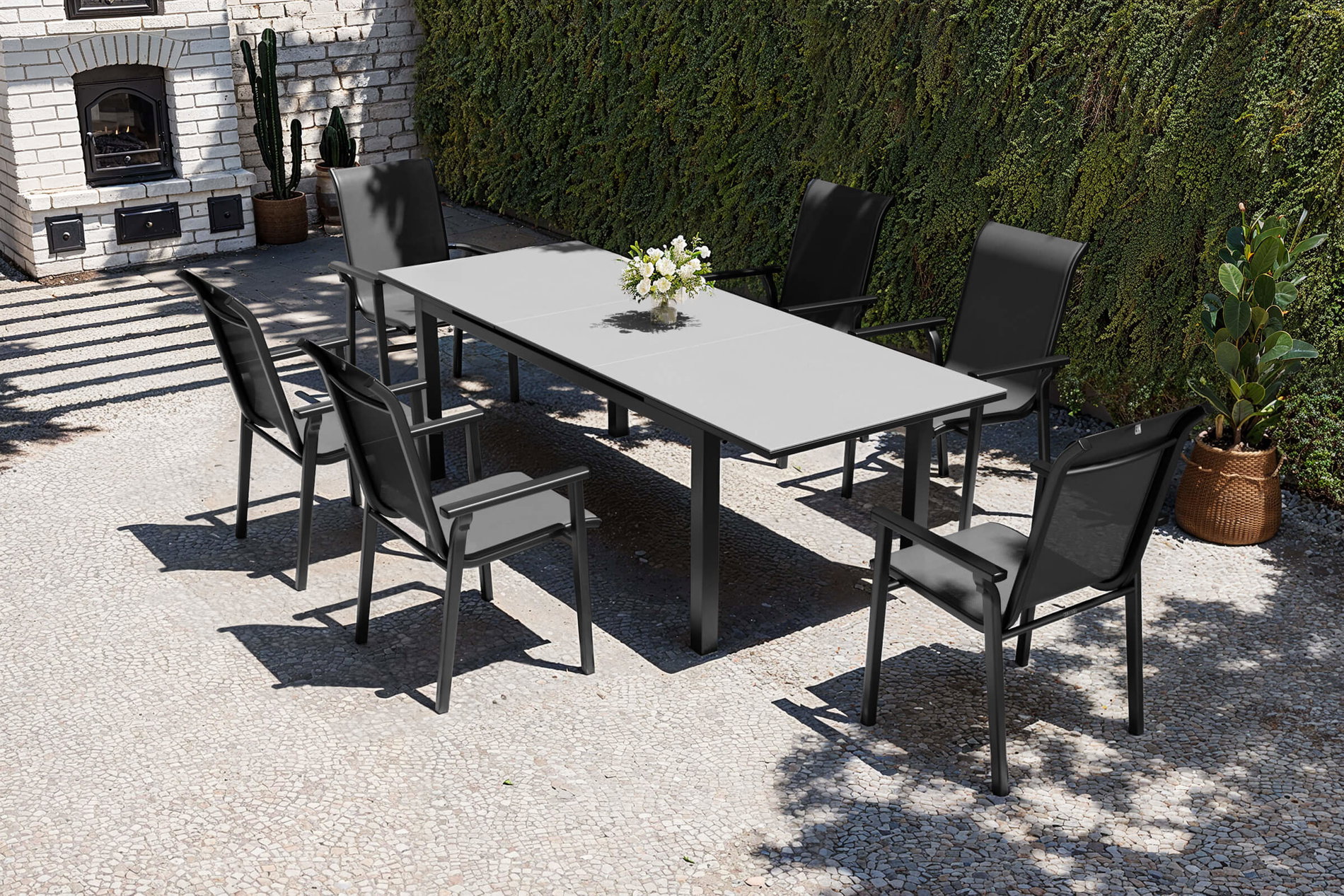 KETTLER Exklusivmodell BasicPlus 2026 Garten-Essgruppe, anthrazit, Alu/Textilene, Tisch 180 x 90 cm ausziehbar auf 240 cm, 6 Stapelstühle