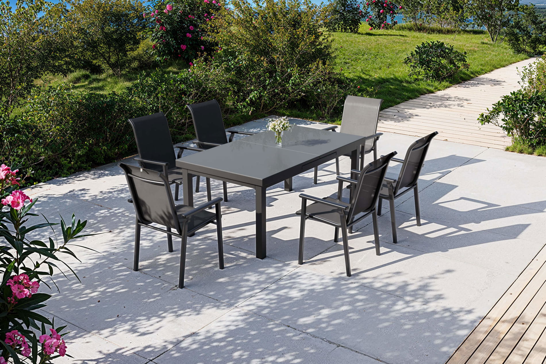 KETTLER Exklusivmodell BasicPlus 2026 Garten-Essgruppe, anthrazit/grau, Alu/Glas/Textilene, 180/240 x 100 cm, ausziehbar, 6 Stapelstühle