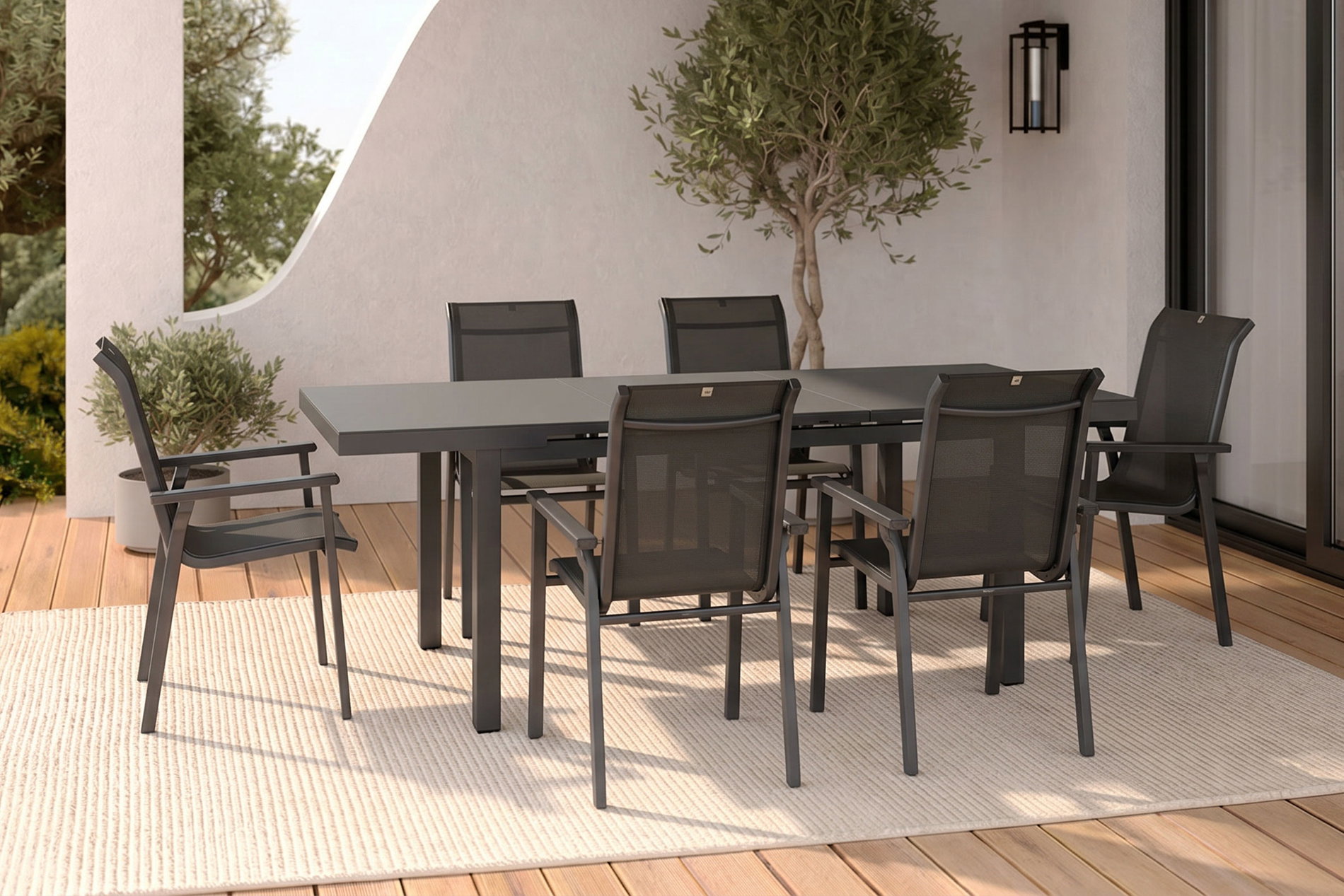 KETTLER Exklusivmodell BasicPlus 2026 Garten-Essgruppe, anthrazit/grau, Alu/Glas/Textilene, 180/240 x 100 cm, ausziehbar, 6 Stapelstühle