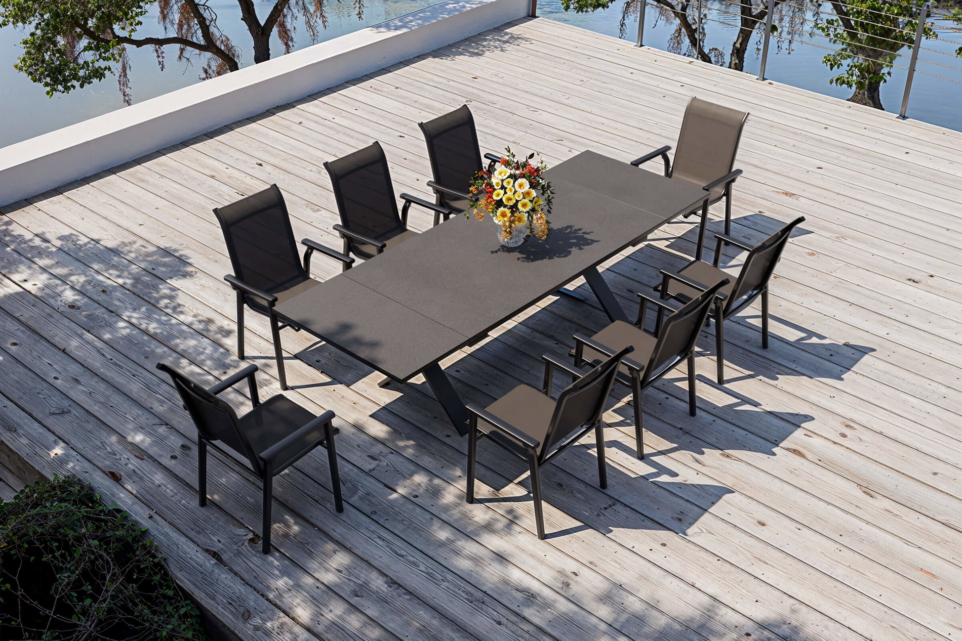 KETTLER BasicPlus Pro Garten-Essgruppe, anthrazit, Alu/Textilene/Spraystone, Tisch 180/280 x 100 cm, 8 Stapelsessel