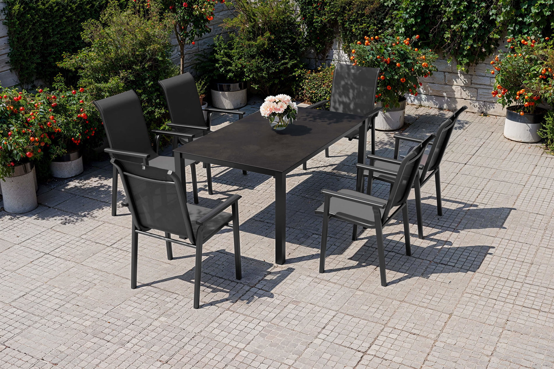 KETTLER Exklusivmodell BasicPlus 2026 Garten-Essgruppe, anthrazit, Aluminium/Textilene/Glas, Tisch 160 x 95 cm, 6 Stapelstühle