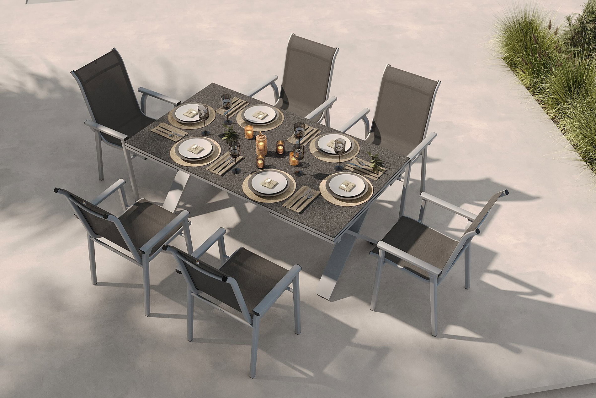 KETTLER BasicPlus Pro Garten-Essgruppe, silber/anthrazit, Alu/Textilene, ausziehbarer Tisch 180/280 x 100 cm, 6 Stapelsessel