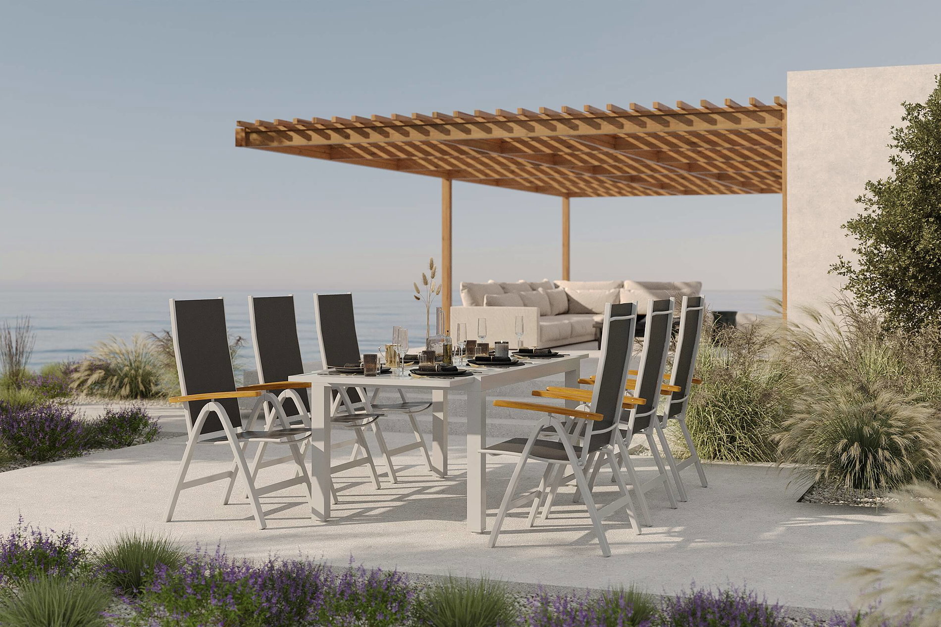VILLANA Sylvania Garten-Essgruppe mit 6 Klappstühlen, silber/anthrazit, Aluminium/Glas, inkl. Eukalyptus-Armlehnen, ausziehbarer Tisch 160/220 x 90 cm, FSC®-zertifiziertes Produkt VILLANA Sylvania Garten-Essgruppe mit 6 Klappstühlen, silber/anthrazit, Aluminium/Glas, inkl. Eukalyptus-Armlehnen, ausziehbarer Tisch 160/220 x 90 cm, FSC®-zertifiziertes Produkt