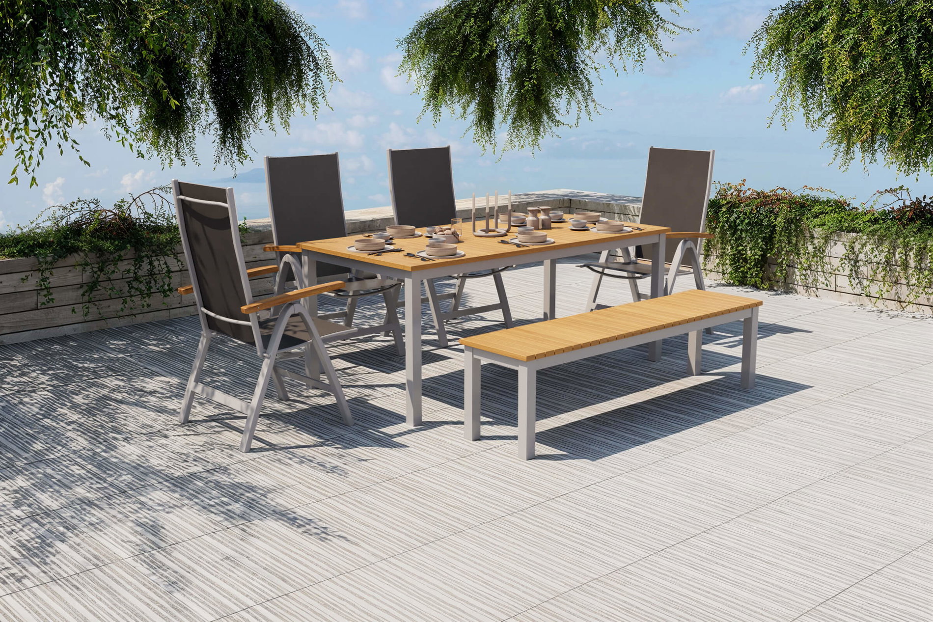 VILLANA Tasmania Garten-Essgruppe mit Bank und 4 Klappstühlen, silber/natur, Aluminium/Eukalyptus, Tisch 180 x 90 cm, FSC®-zertifiziertes Produkt