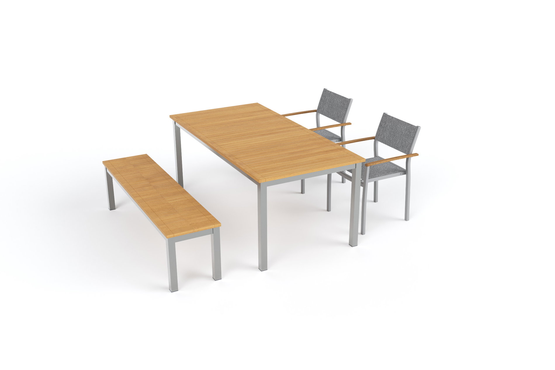 VILLANA Tasmania Garten-Essgruppe mit Bank und 2 Stapelsesseln, silber/natur, Alu/Textilene, Tisch 180 x 90 cm, Eukalyptus-Armlehnen, FSC®-zertifiziertes Produkt VILLANA Tasmania Garten-Essgruppe mit Bank und 2 Stapelsesseln, silber/natur, Alu/Textilene, Tisch 180 x 90 cm, Eukalyptus-Armlehnen, FSC®-zertifiziertes Produkt