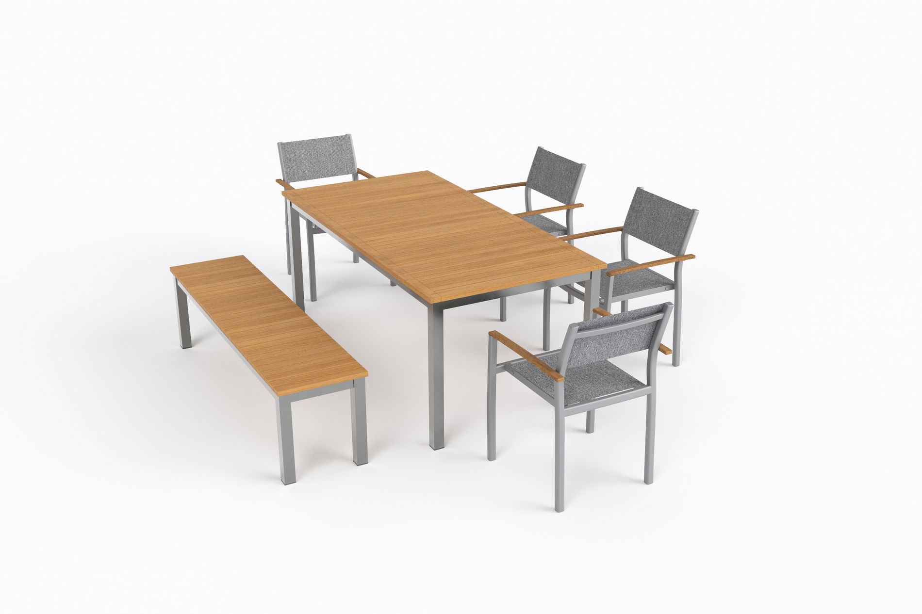 VILLANA Tasmania Garten-Essgruppe mit Bank und 4 Stapelsesseln, silber/natur, Alu/Textilene, Tisch 180 x 90 cm, Eukalyptus-Armlehnen, FSC®-zertifiziertes Produkt