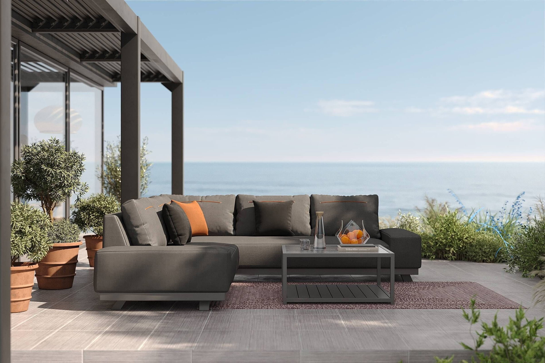 OUTFLEXX Beau Gartenlounge mit Outdoor-Teppich, grau/rot-weiß, Alu/Polyester/PET-Garn, Teppich rechteckig 240 x 160 cm, inkl. Kaffeetisch OUTFLEXX Beau Gartenlounge mit Outdoor-Teppich, grau/rot-weiß, Alu/Polyester/PET-Garn, Teppich rechteckig 240 x 160 cm, inkl. Kaffeetisch