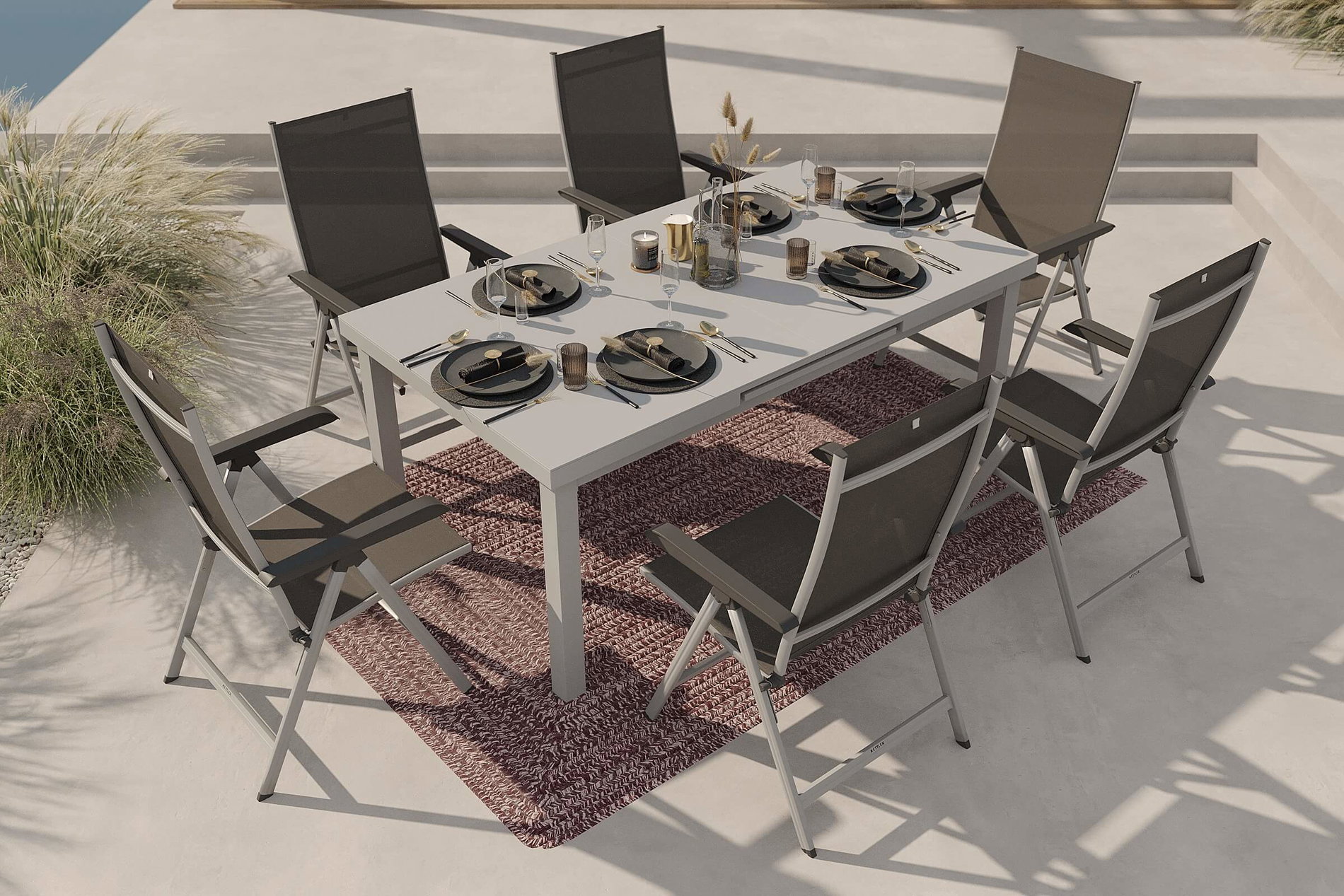 KETTLER Garten-Essgruppe mit 6 Klappstühlen und Outdoor-Teppich, silber/anthrazit/andorra-weiß, Aluminium/Textilene, ausziehbarer Tisch 180/240 x 100 cm