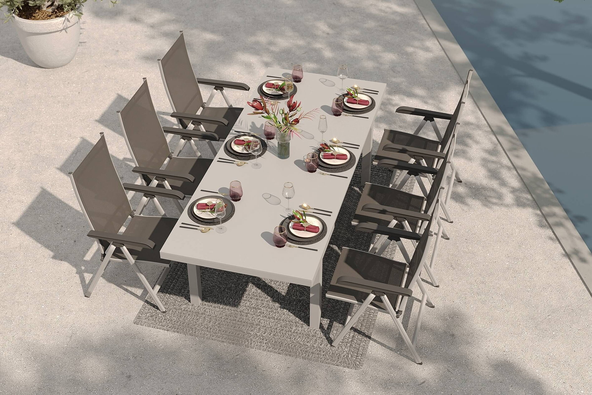 KETTLER Garten-Essgruppe mit 6 Klappstühlen und Outdoor-Teppich, silber/anthrazit/aluminium-weiß, Alu/Textilene/PET-Garn, ausziehbarer Tisch 180/240 x 100 cm