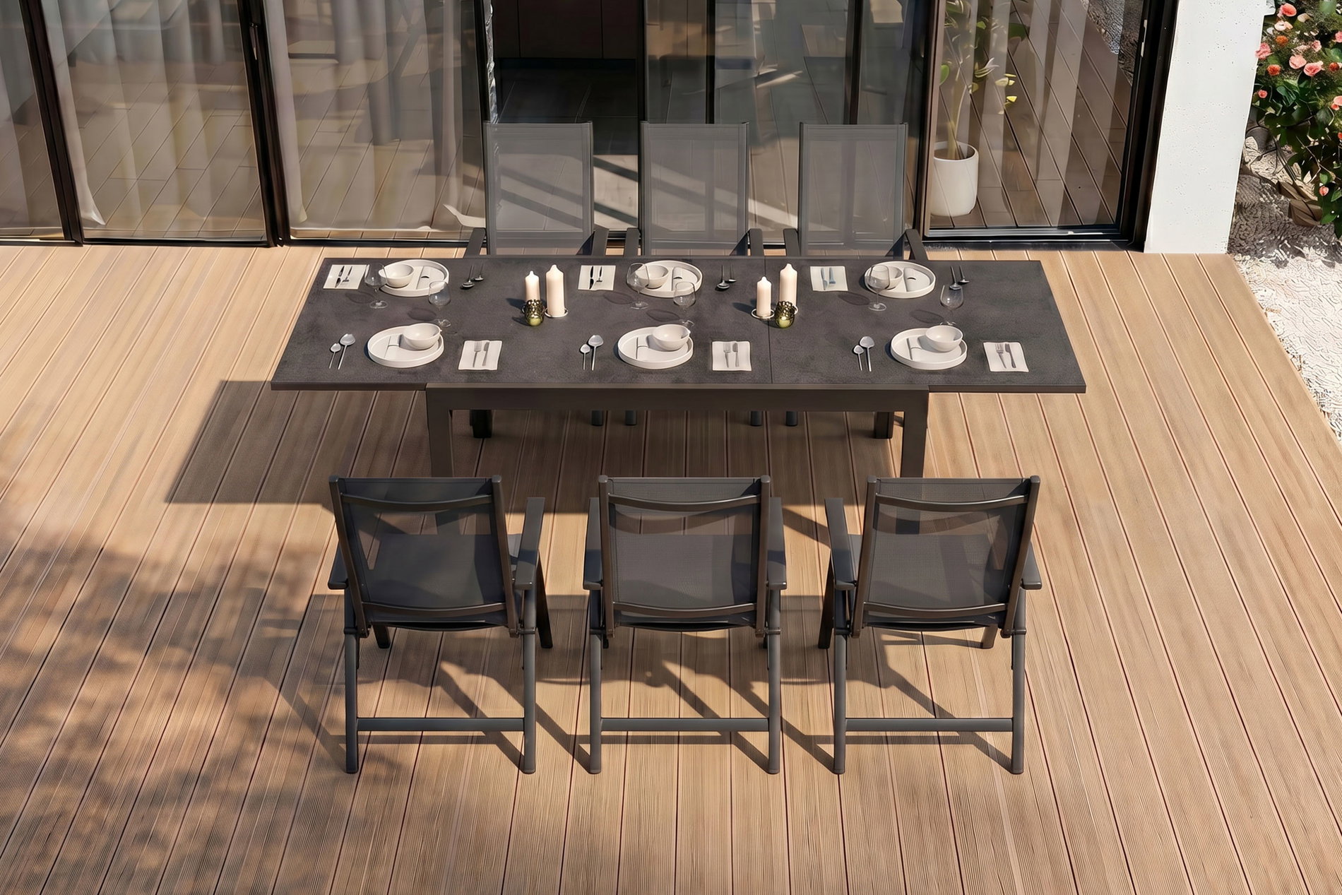 OUTFLEXX Premium Garten-Essgruppe, anthrazit/grau, Alu / Spraystone / Textilene, Tisch 160/260 x 100 cm, 6 Klappstühle