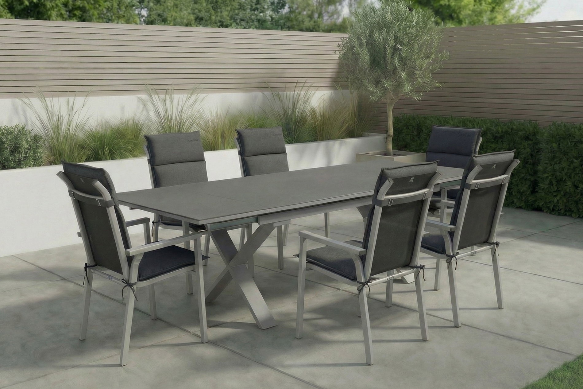 KETTLER BasicPlus Pro Garten-Essgruppe, silber/anthrazit, Alu/Polyester/Spraystone, 180/280 x 100 cm, 6 Stapelsessel, inkl. Auflagen
