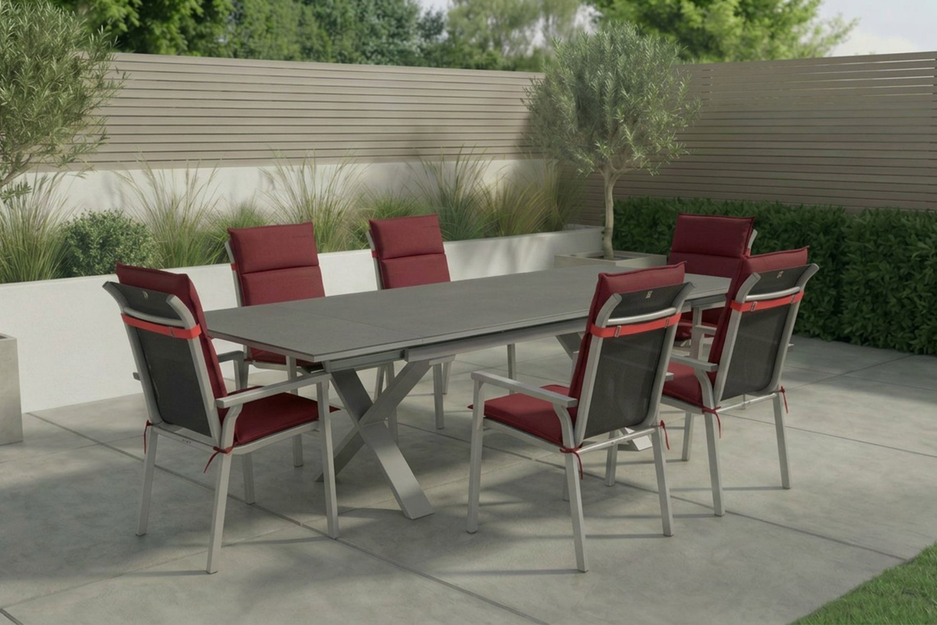 KETTLER BasicPlus Pro Garten-Essgruppe, silber/bordeaux, Alu/Spraystone/Polyester, 180/280 x 100 cm, 6 Stapelsessel, Polster inklusive