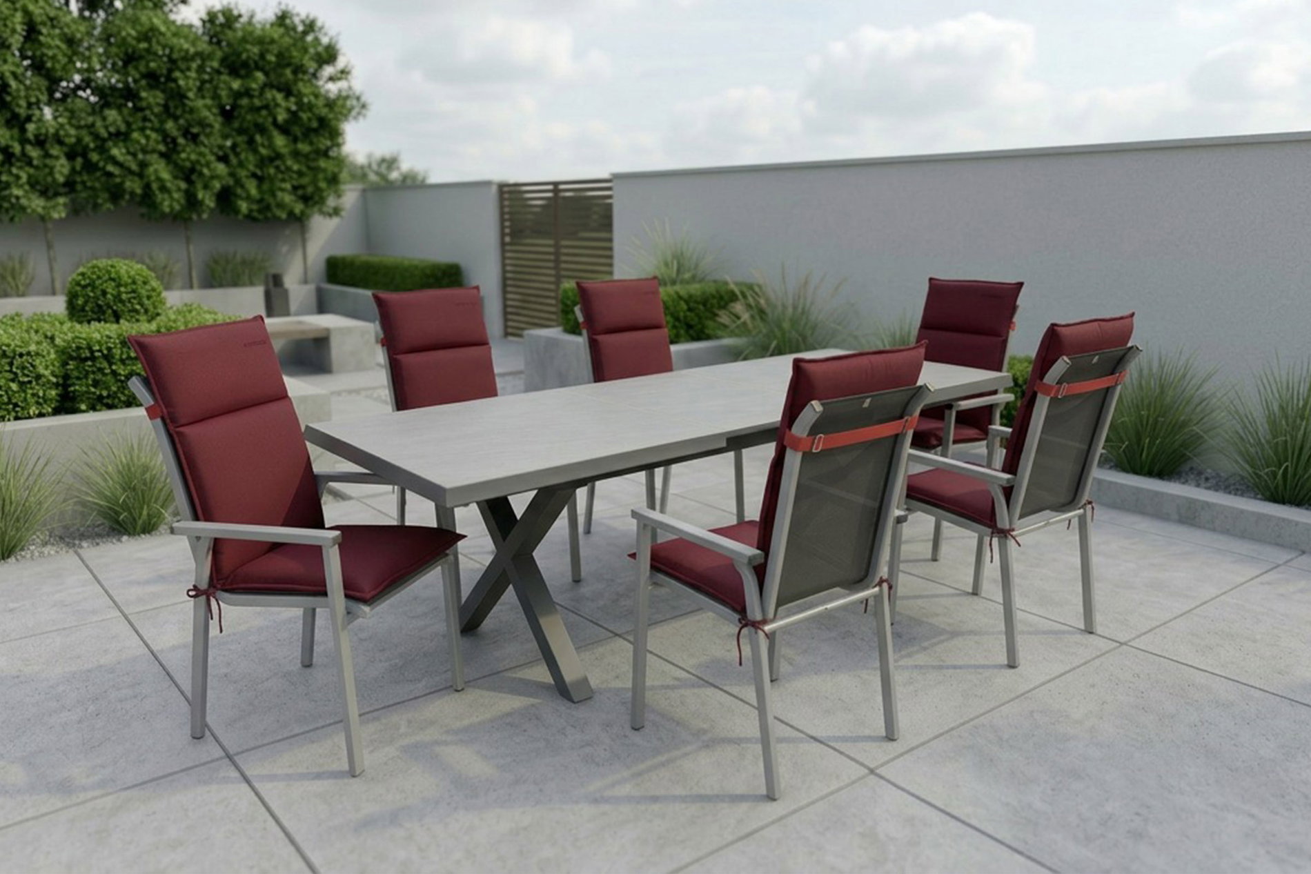 KETTLER BasicPlus Pro Garten-Essgruppe, silber/bordeaux, Alu/Steinimitat/Polyester, 200/260 x 100 cm, 6 Stapelsessel, Polster inklusive
