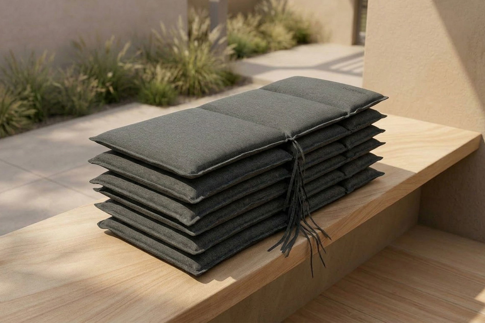 OUTFLEXX Green 6er-Set Sitzkissen für Niederlehner, anthrazit, recyceltes Polyester, hautsympathisch, mit Rückengurt und Bindekordeln OUTFLEXX Green 6er-Set Sitzkissen für Niederlehner, anthrazit, recyceltes Polyester, hautsympathisch, mit Rückengurt und Bindekordeln