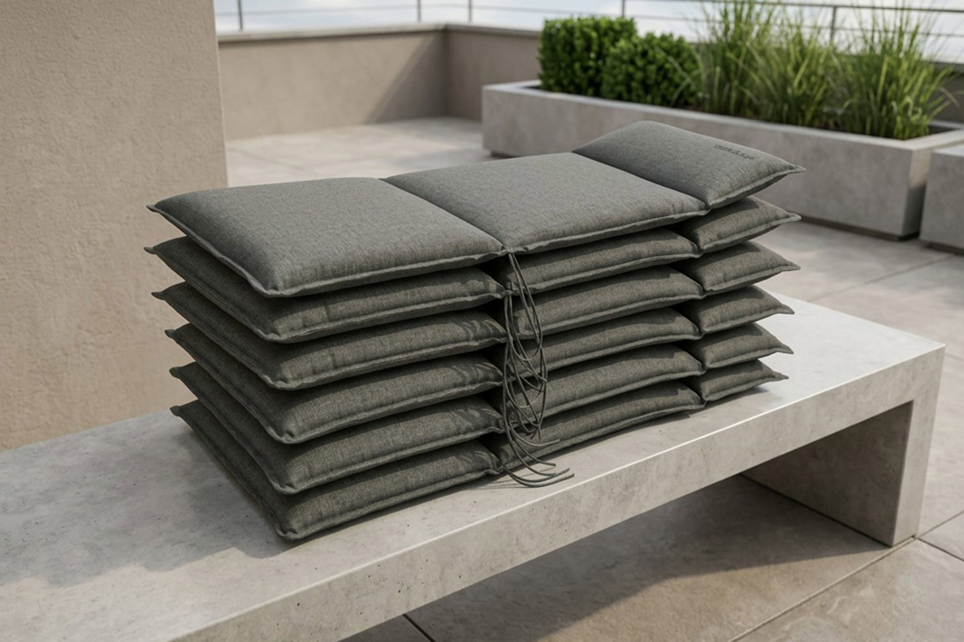 OUTFLEXX Green 6er-Set Sitzkissen für Hochlehner, anthrazit, recyceltes Polyester, hautsympathisch, mit Rückengurt und Bindekordeln