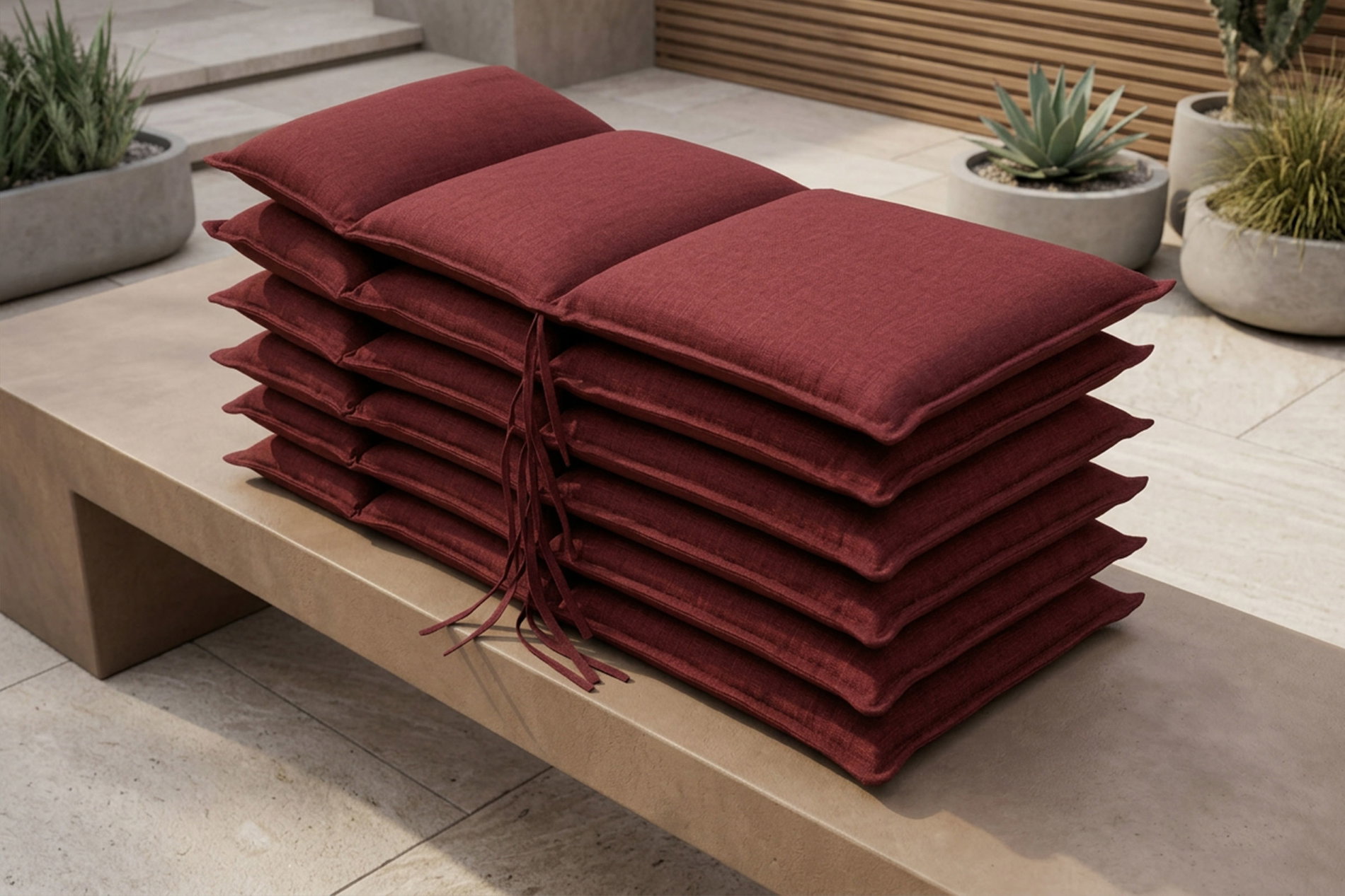 OUTFLEXX Green 6er-Set Sitzkissen für Niederlehner, bordeaux, recyceltes Polyester, hautsympathisch, mit Rückengurt und Bindekordeln OUTFLEXX Green 6er-Set Sitzkissen für Niederlehner, bordeaux, recyceltes Polyester, hautsympathisch, mit Rückengurt und Bindekordeln