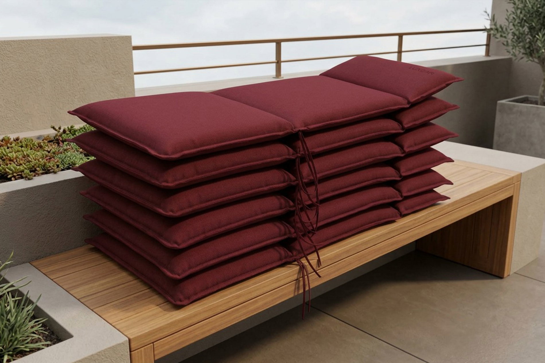 OUTFLEXX Green 6er-Set Sitzkissen für Hochlehner, bordeaux, recyceltes Polyester, hautsympathisch, mit Rückengurt und Bindekordeln
