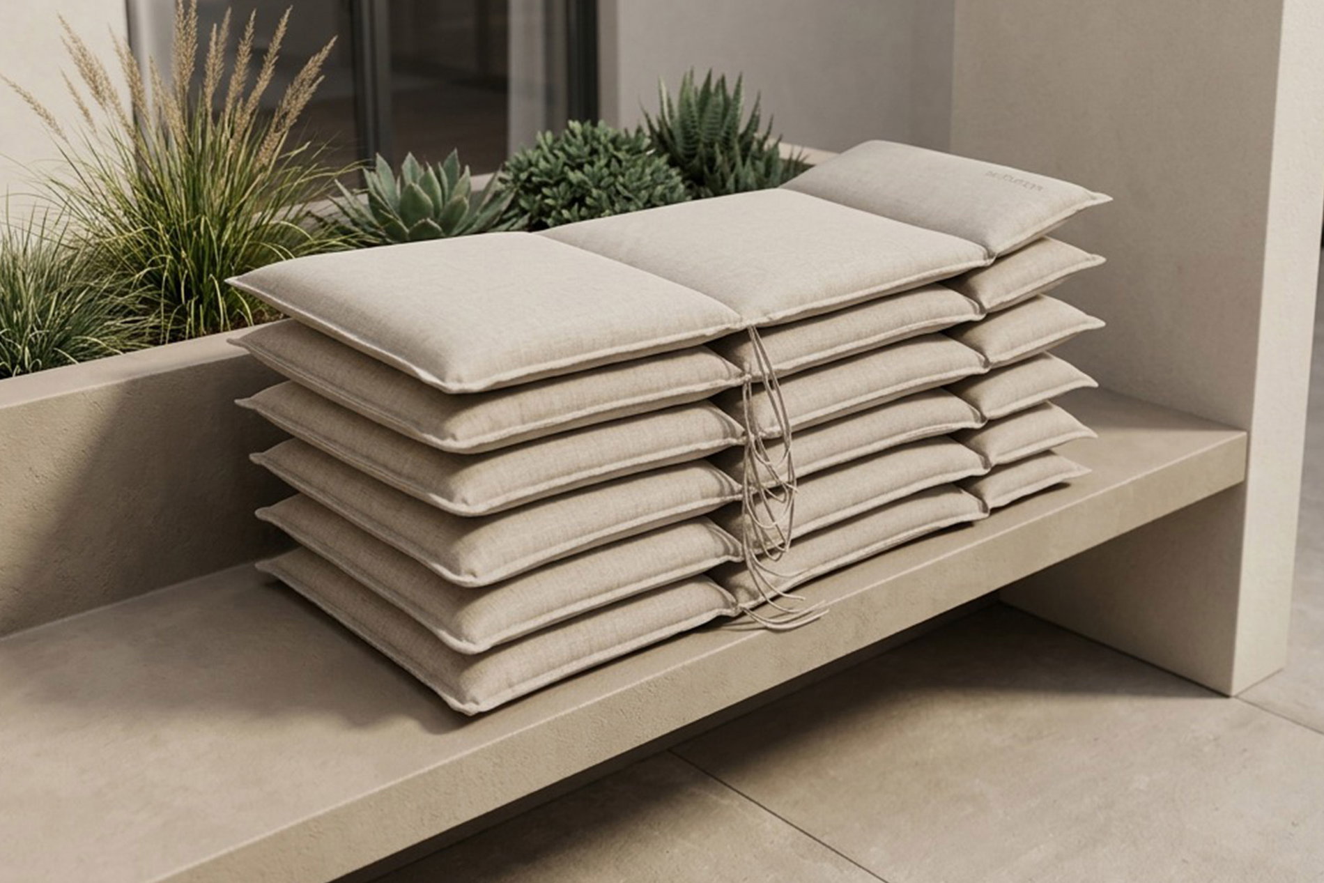 OUTFLEXX Green 6er-Set Sitzkissen für Hochlehner, nature, recyceltes Polyester, hautsympathisch, mit Rückengurt und Bindekordeln