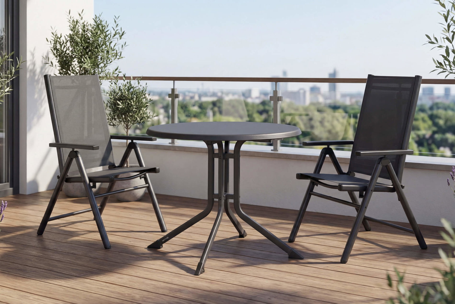 KETTLER BasicPlus Pro Balkon-Set, anthrazit, Aluminium/KETTALUX/Textilene, Tisch Ø 70 cm, 2 Klappstühle, schmutzabweisend