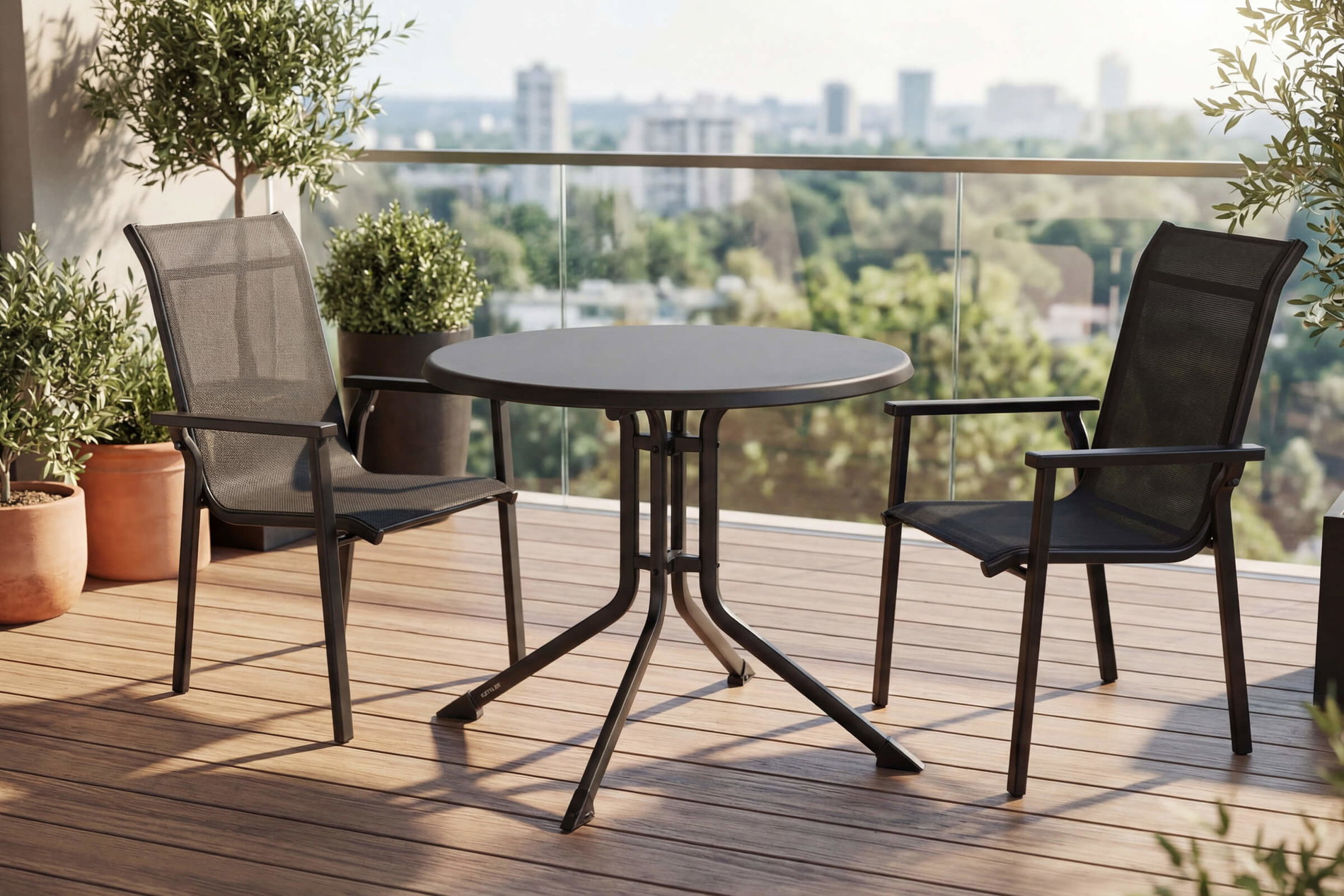 KETTLER BasicPlus Pro Balkon-Set, anthrazit, Aluminium/KETTALUX/Textilene, Tisch Ø 70 cm, rund, 2 Stapelsessel
