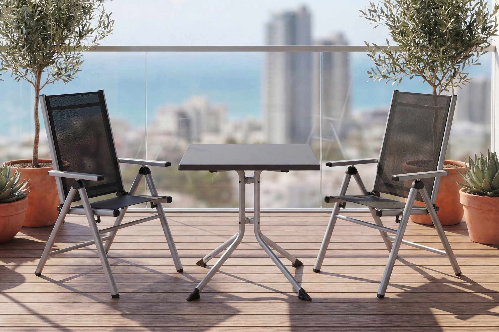 KETTLER BasicPlus Pro Balkon-Set, silber/anthrazit, Aluminium/KETTALUX/Textilene, Tisch 70 x 70 cm, 2 Klappstühle