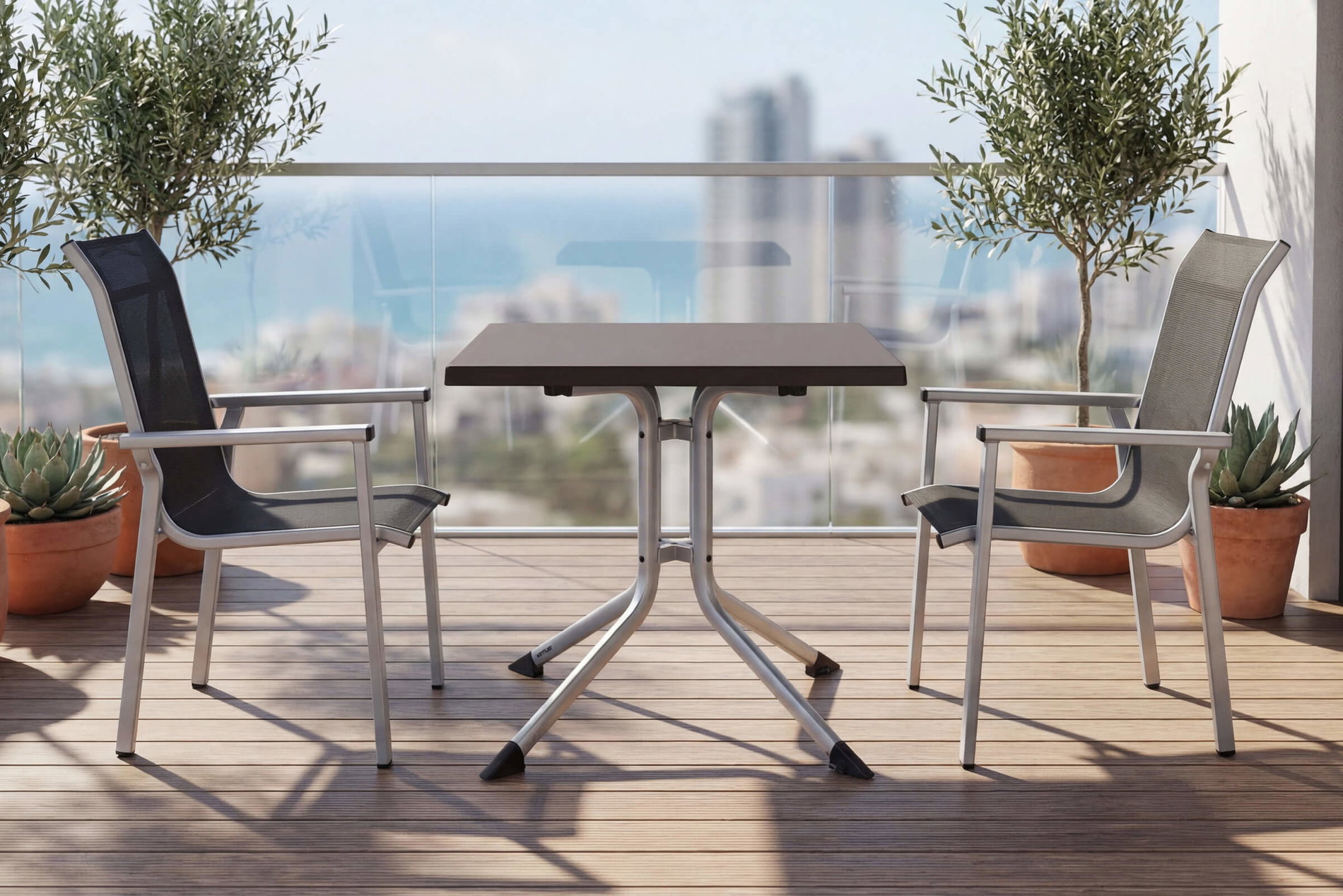 KETTLER BasicPlus Pro Balkon-Set, silber/anthrazit, Aluminium/KETTALUX/Textilene, Tisch 70 x 70 cm, 2 Stapelsessel