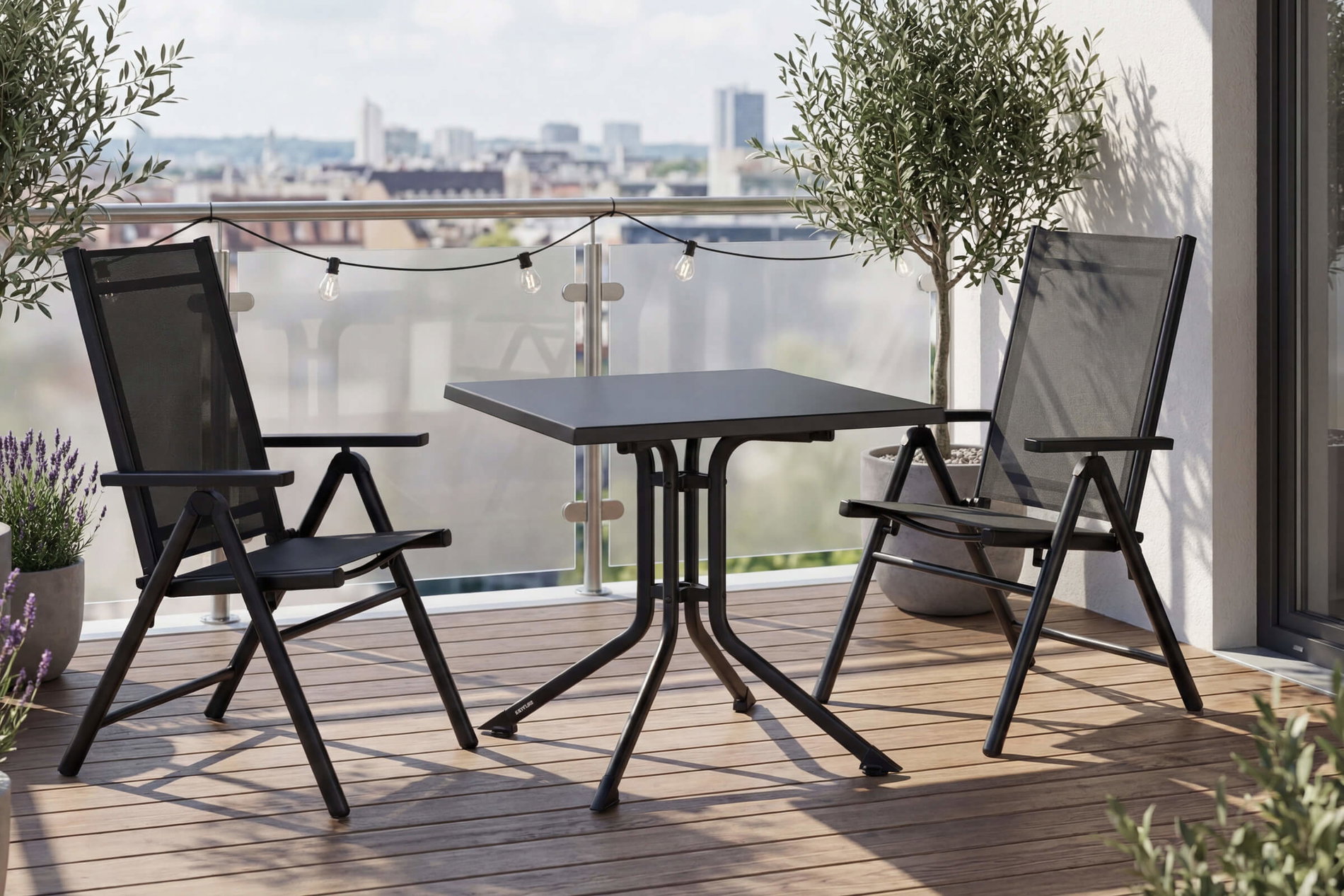 KETTLER BasicPlus Pro Balkon-Set, anthrazit, Aluminium/KETTALUX/Textilene, Tisch 70 x 70 cm, 2 Klappstühle, ergonomisch
