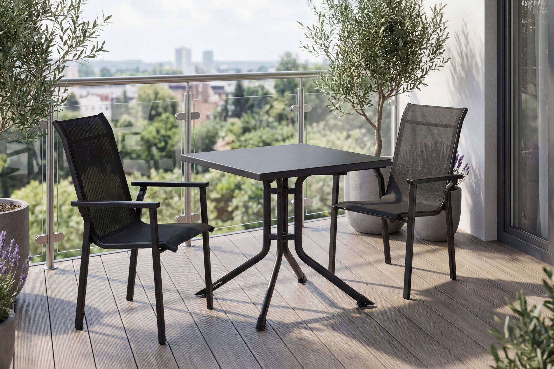 KETTLER BasicPlus Pro Balkon-Set, anthrazit, Aluminium/KETTALUX/Textilene, Tisch 70 x 70 cm, 2 Stapelsessel, robust