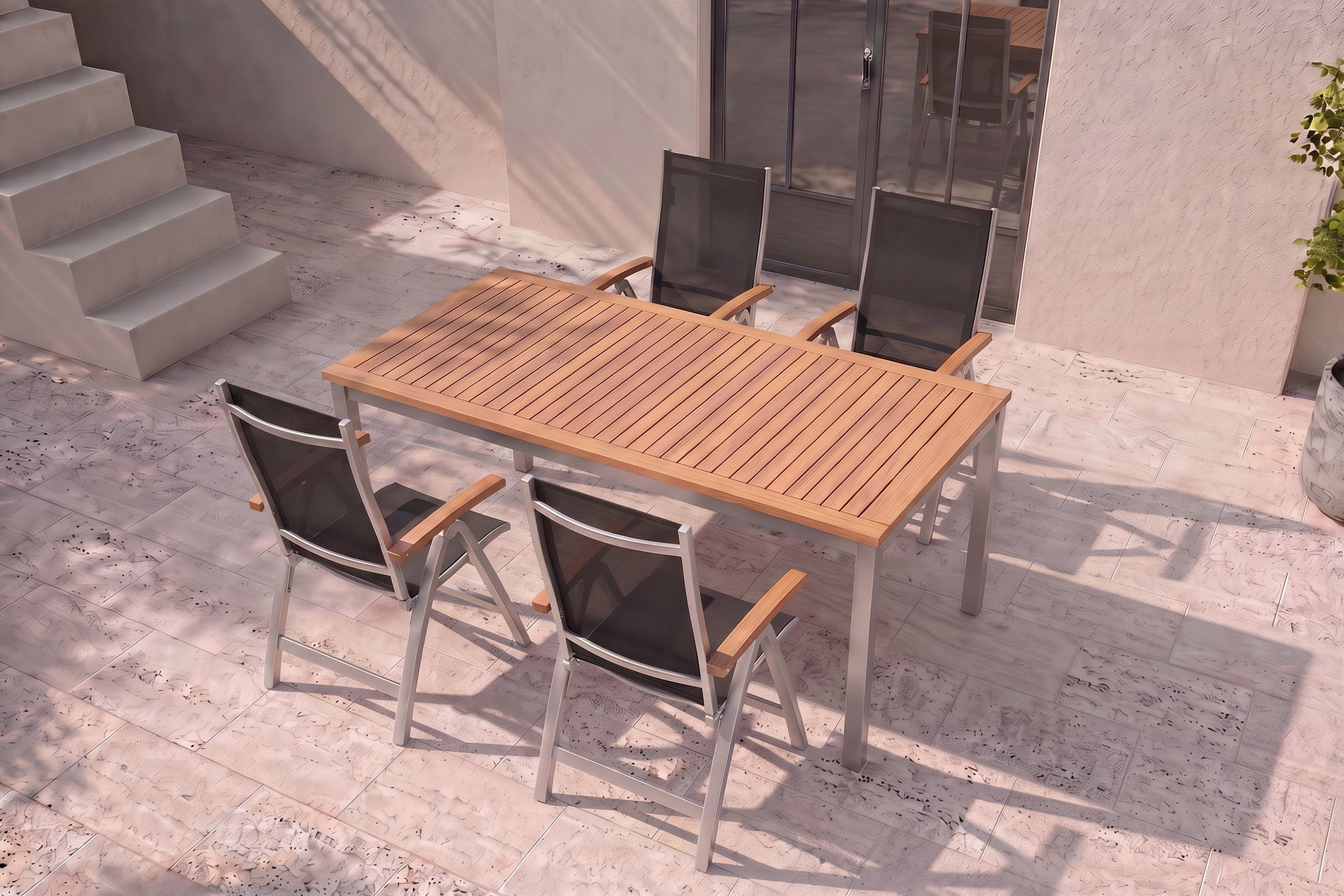 VILLANA Tasmania Garten-Essgruppe, silber, Alu / Eukalyptus / Textilene, Tisch 180 x 90 cm, 4 Klappstühle, FSC®-zertifiziertes Produkt