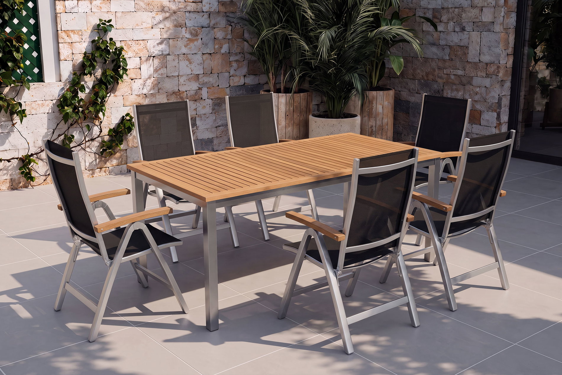 VILLANA Tasmania Garten-Essgruppe mit 6 Klappstühlen, silber, Alu / Eukalyptus / Textilene, Tisch 180 x 90 cm, FSC®-zertifiziertes Produkt