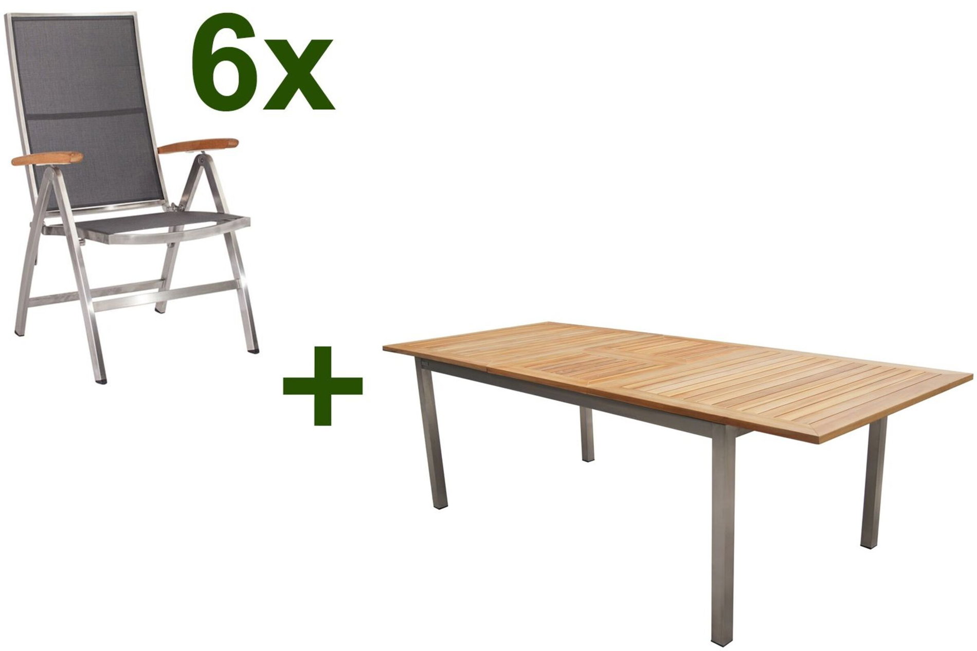 STERN Cardiff Garten-Essgruppe, silber/silbergrau, Edelstahl/Teak, Tisch 200/300 x 100 cm, 6 Klappstühle, FSC®-zertifiziertes Produkt 19741__1