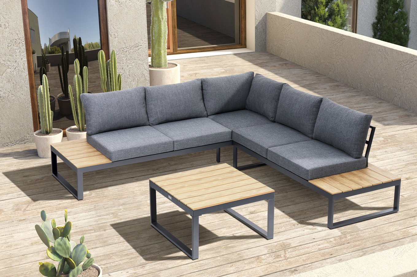OUTFLEXX Ecklounge, anthrazit matt, Alu/Holzoptik, 5 Personen, Seitenablage 24110__1